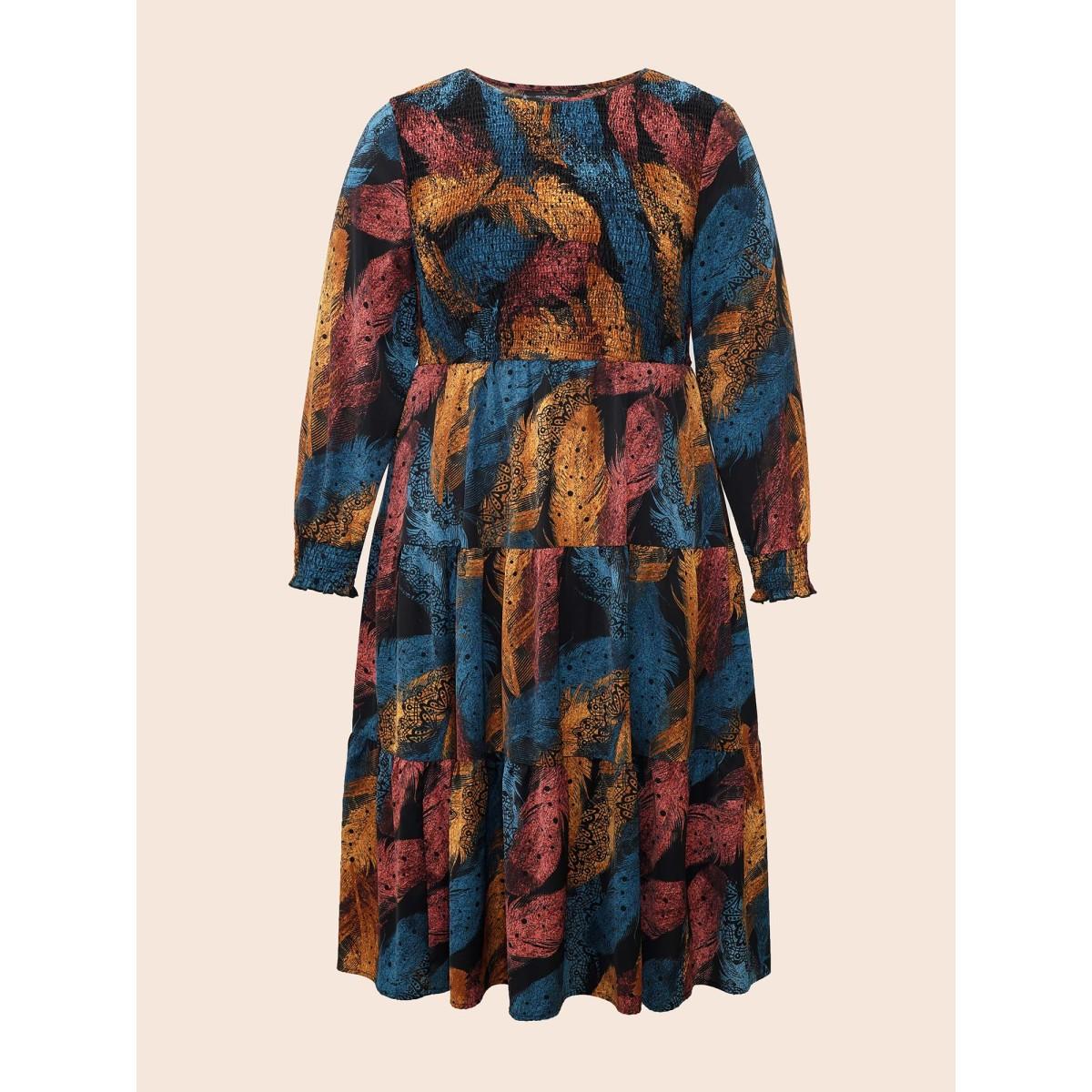 Plus Size Feather Print Shirred Lantern Sleeve Dress Black Women Resort Shirred Round Neck Long Sleeve Curvy BloomChic 12/L Product Image