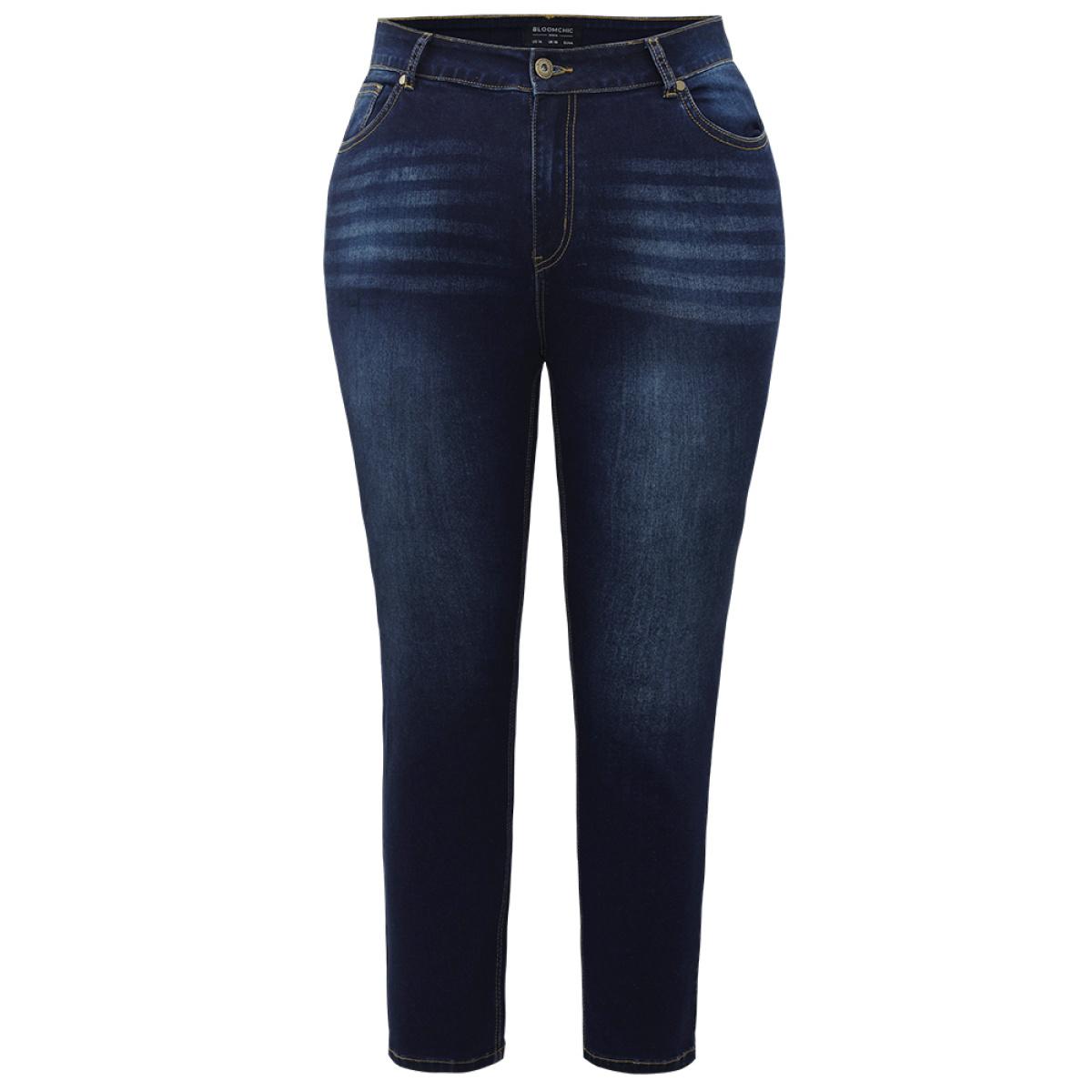 Plus Size Plain Straight Leg Pocket High Rise Jeans Women DarkBlue Casual Plain Plain High stretch Pocket Jeans BloomChic 10/M Product Image