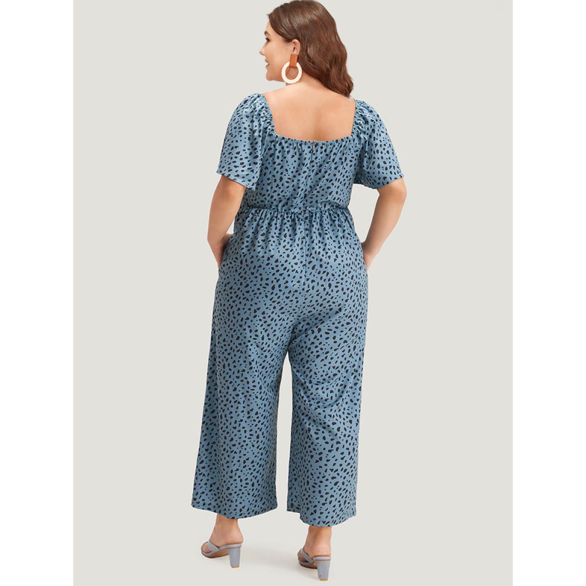 Plus Size DarkBlue Leopard Print Square Neck Shirred Flutter Sleeve Jumpsuit Women Elegant Short sleeve Square Neck Dailywear Loose Jumpsuits BloomChic 12/L Product Image