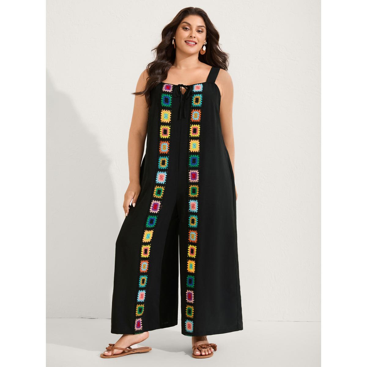 Plus Size Black Crochet Floral Backless Neck Cut-Out Jumpsuit Women Boho Sleeveless V-neck Vacation Loose Jumpsuits BloomChic 30/6X Product Image