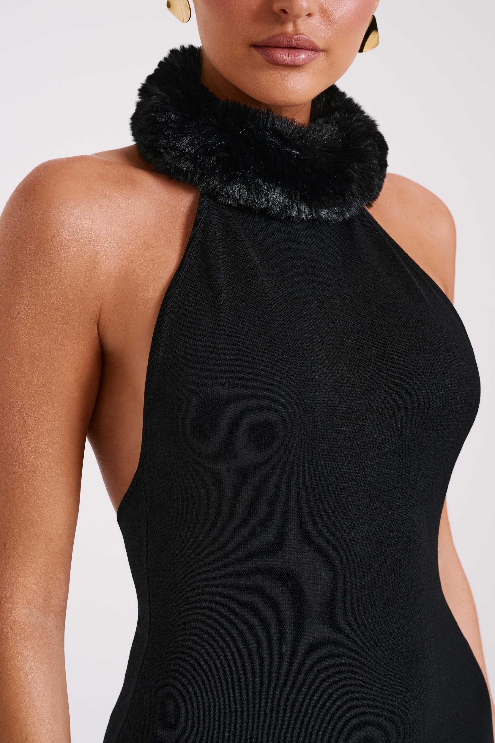 Elva Halter Knit Maxi Dress With Faux Fur - Black Product Image