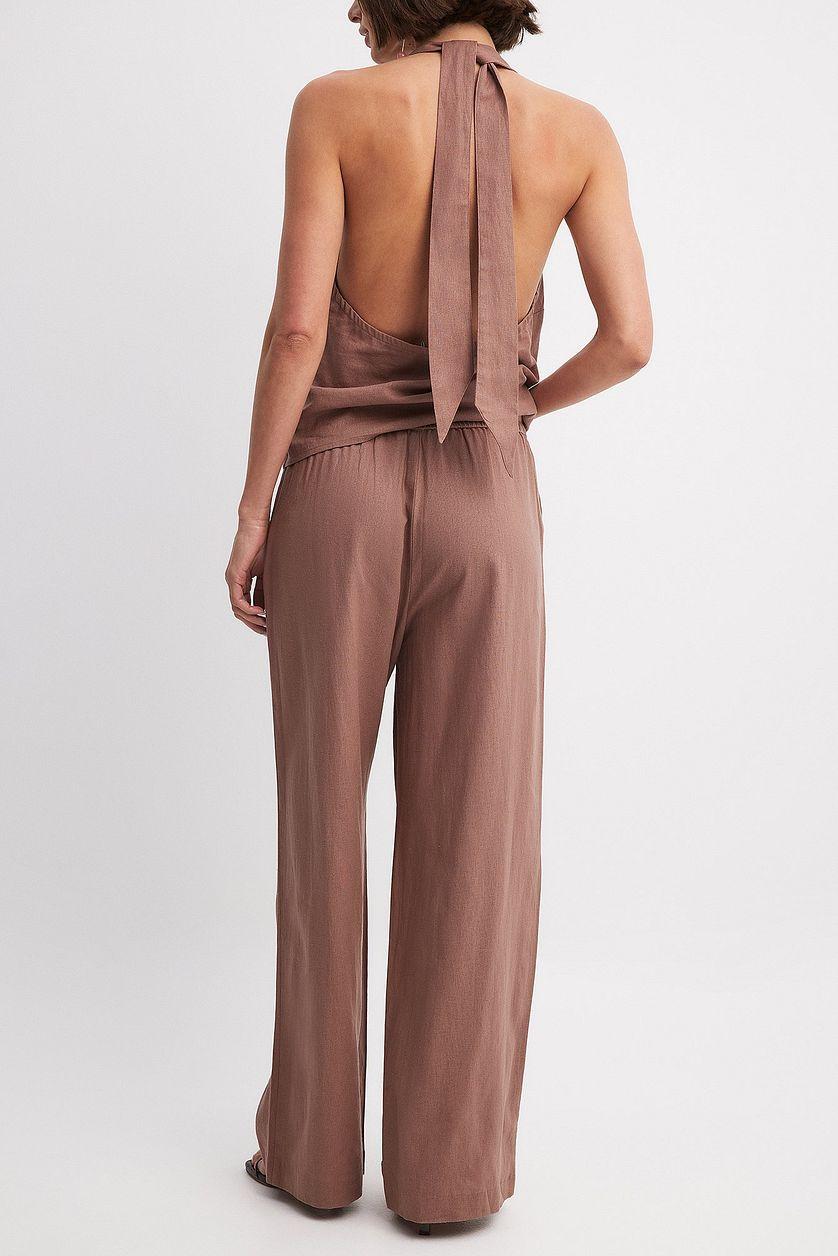 Elastic Mid Waist Linen Blend Pants Product Image