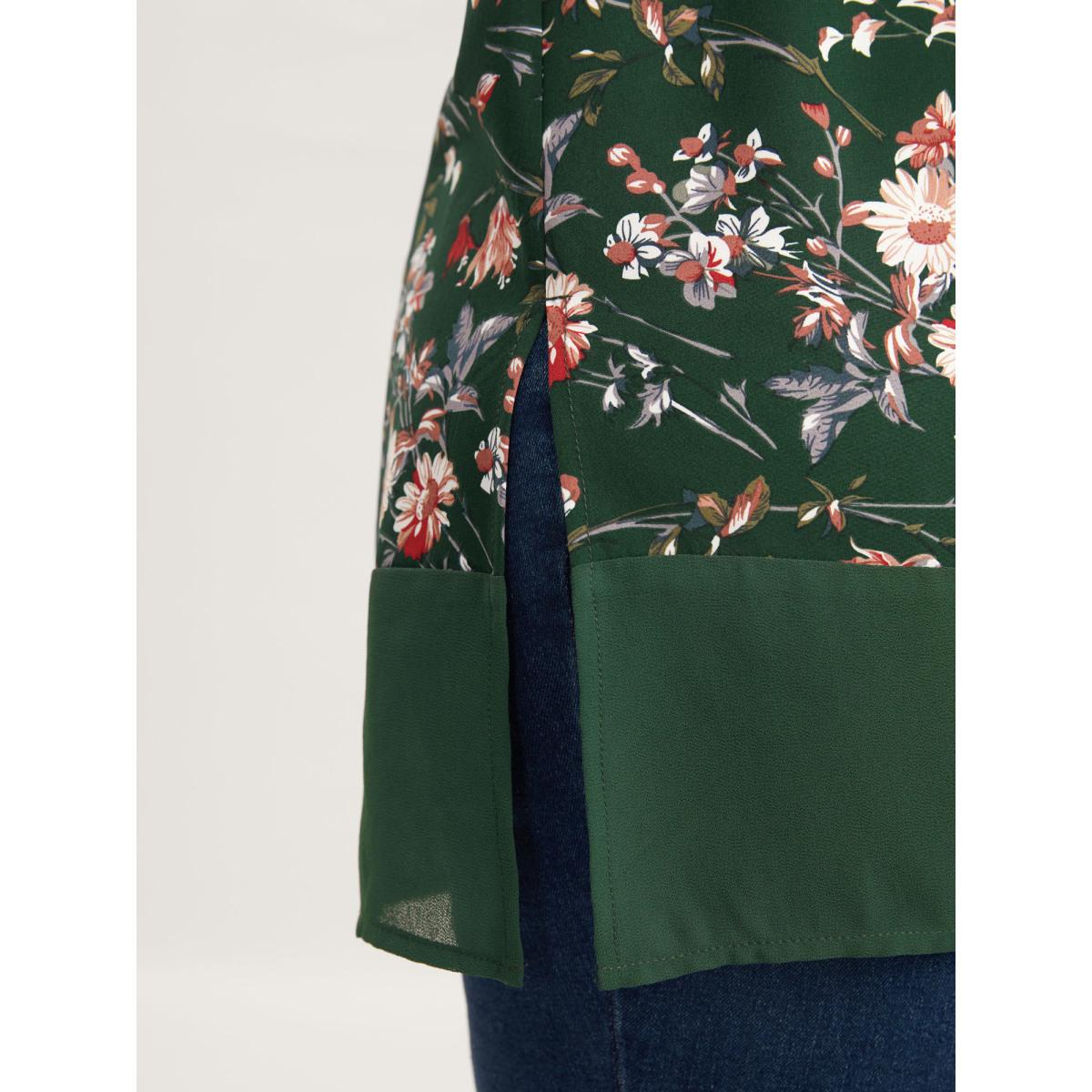 Plus Size DarkGreen Garden Print Spliced V-Neck Blouse Women Romantic Short sleeve V-neck Elegant Blouses BloomChic 12/L Product Image