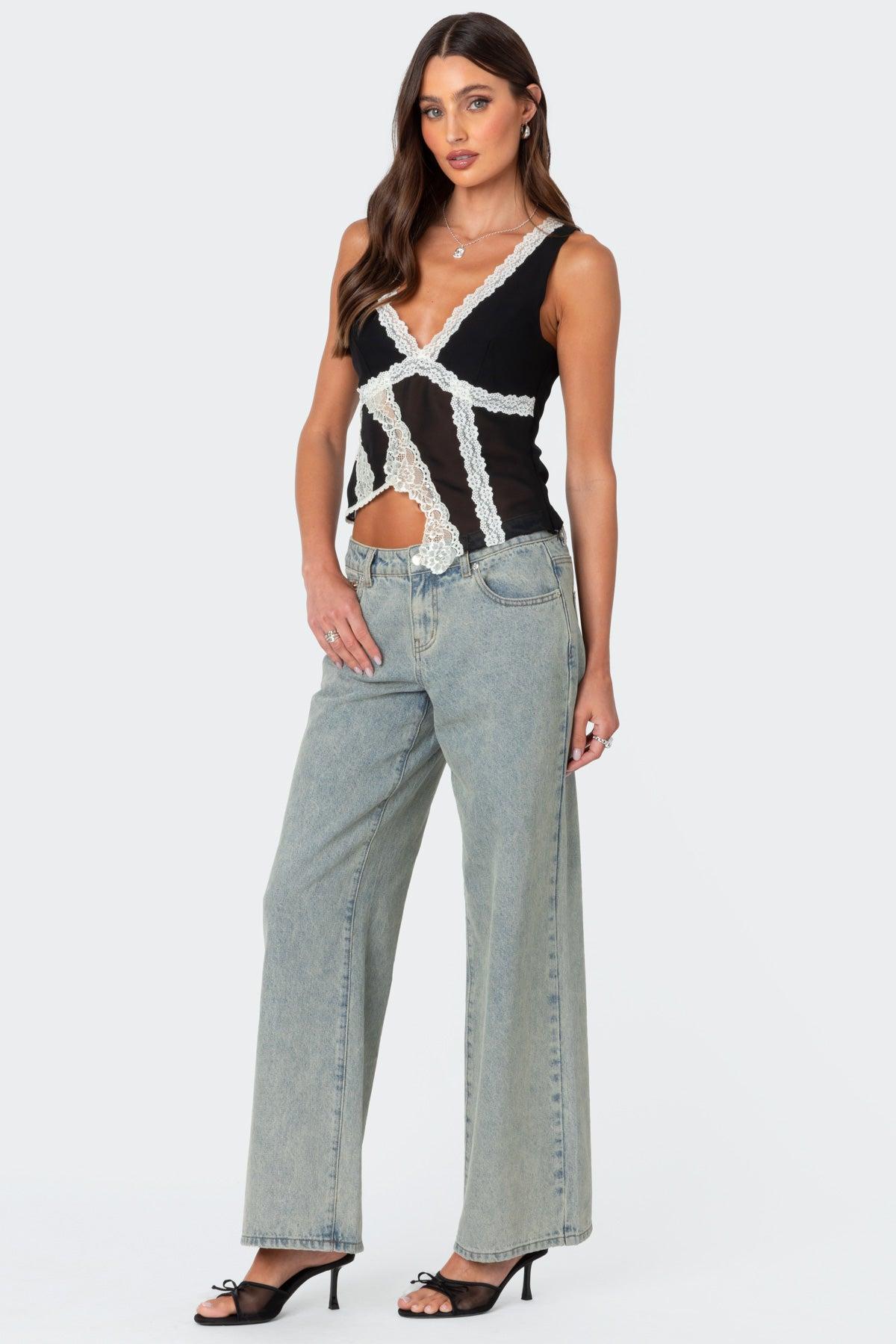 Chiffon & Lace Sheer Asymmetric Top Product Image