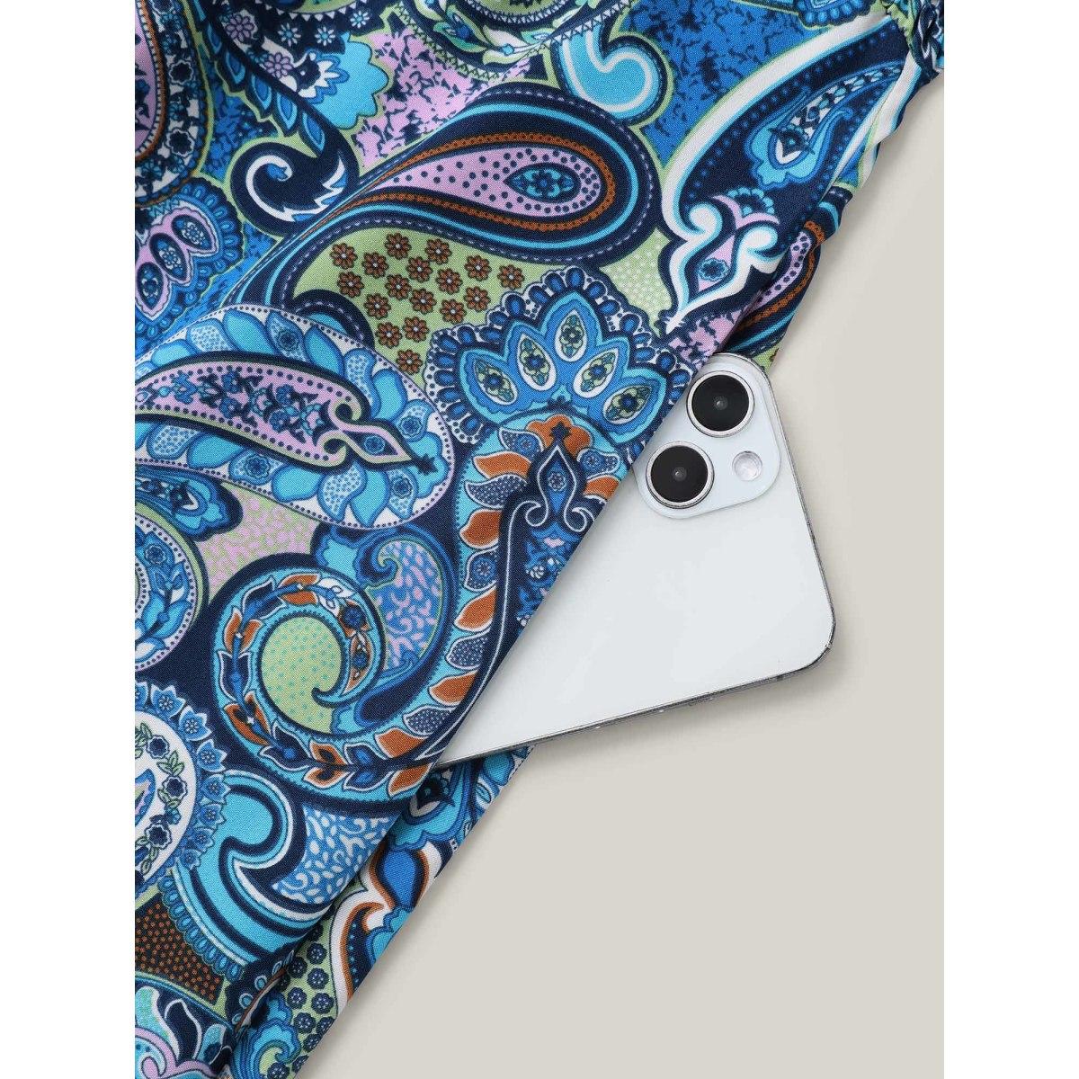 Plus Size Paisley Print Stretchy Waist Pockets Midi Dress Navy Women Resort Woven ribbon&lace trim V-neck Short sleeve Curvy BloomChic 18-20/2X Product Image