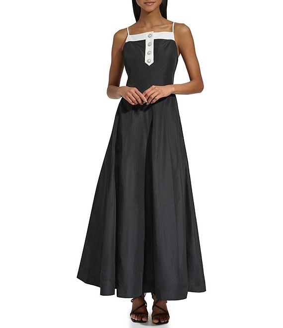 KARL LAGERFELD PARIS Taffeta Square Neck Sleeveless Pearl Button Gown Product Image