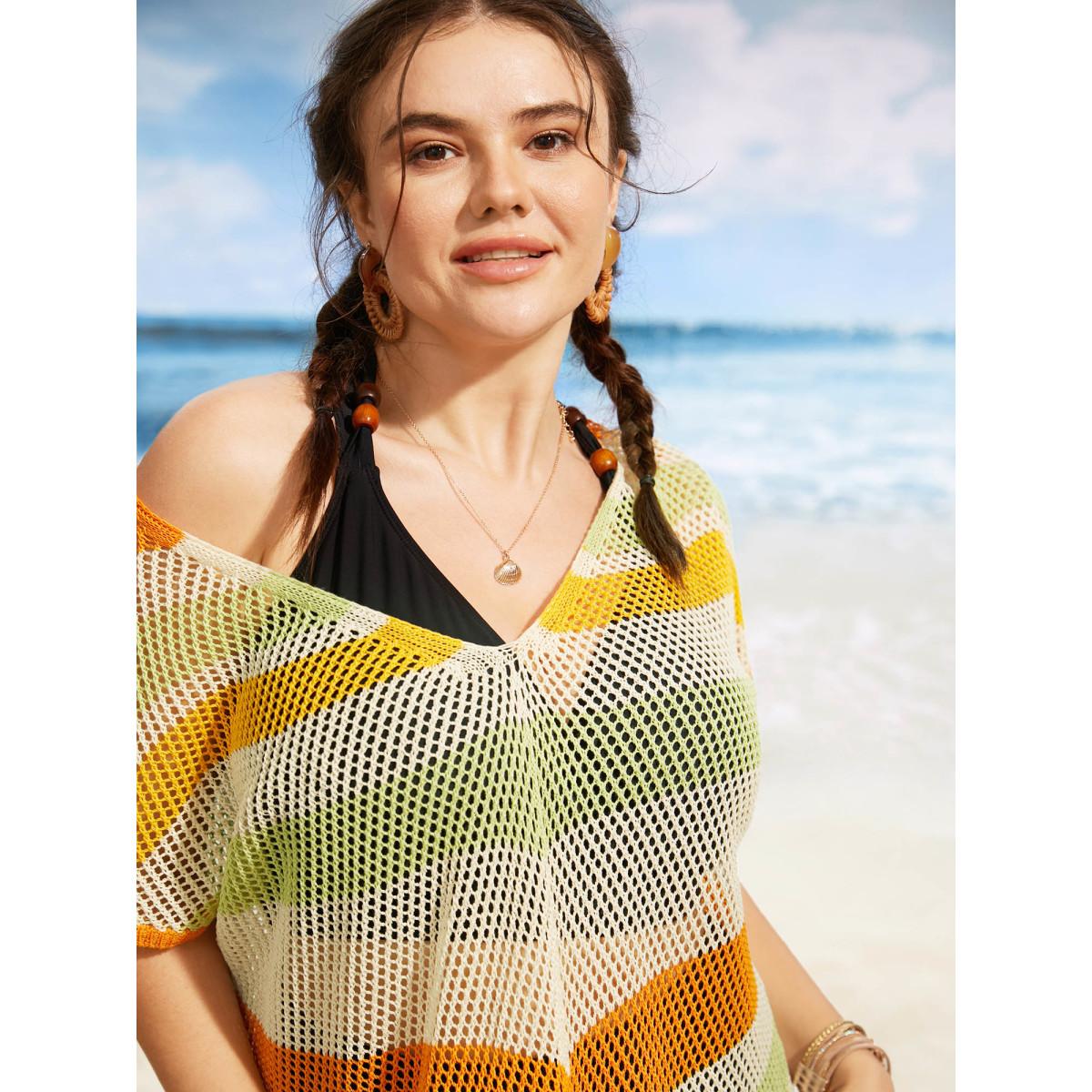 Plus Size Geometric Dolman Sleeve Tassel Trim Swim Cover Up Women's Swimwear Multicolor Beach Loose Tassels Curve Swim Cover Ups BloomChic 30/6X Product Image
