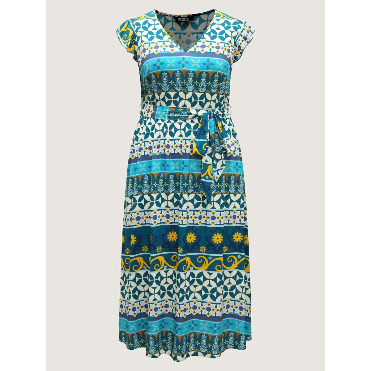 Plus Size Rayon Boho Stretchy Waist Pockets Midi Dress Multicolor Women V-neck Cap Sleeve Curvy BloomChic 12/L Product Image