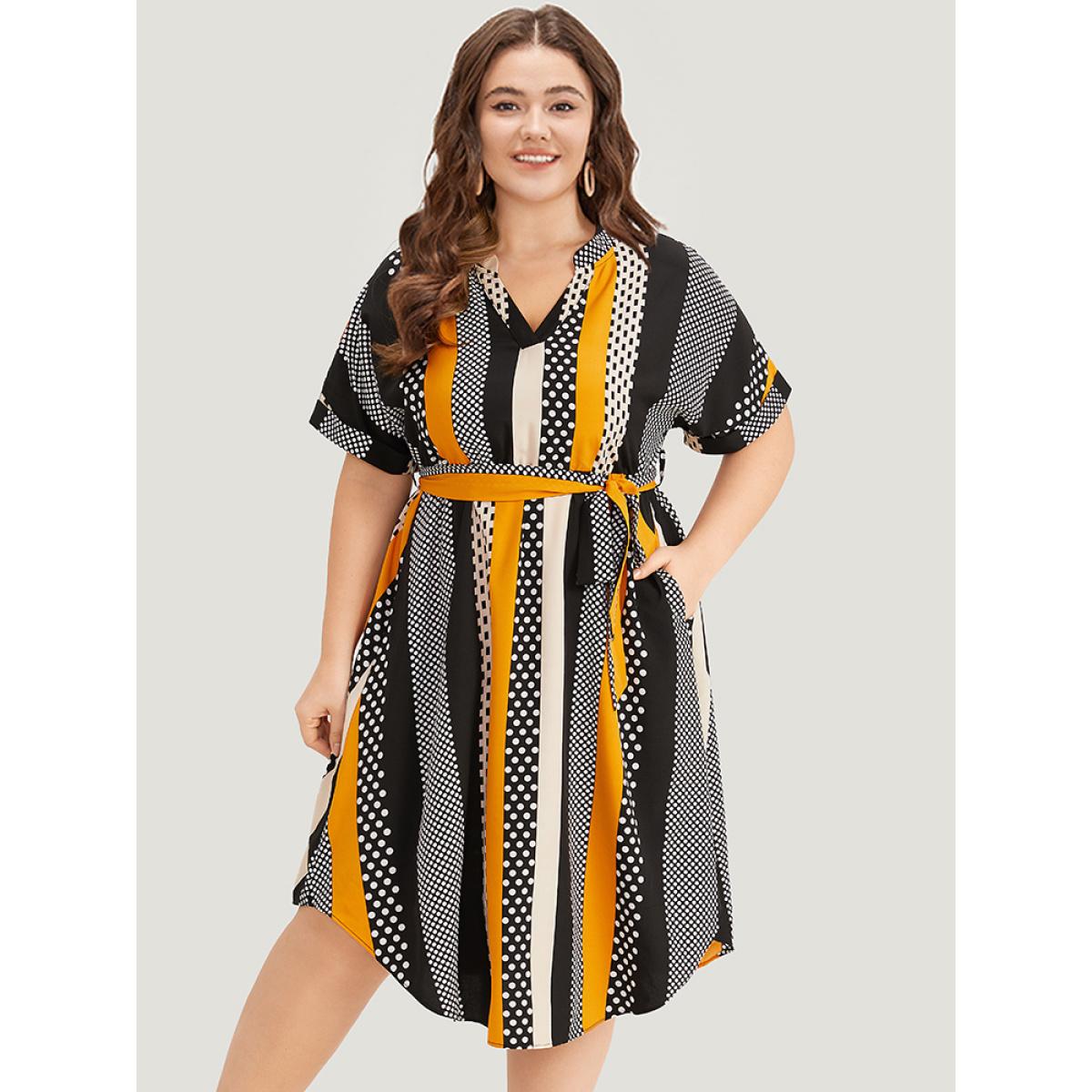 Plus Size Polka Dot Patchwork Striped Belted Notched Dress Orange Women Office Contrast Notched collar Short sleeve Curvy Midi Dress BloomChic 18-20/2X Product Image