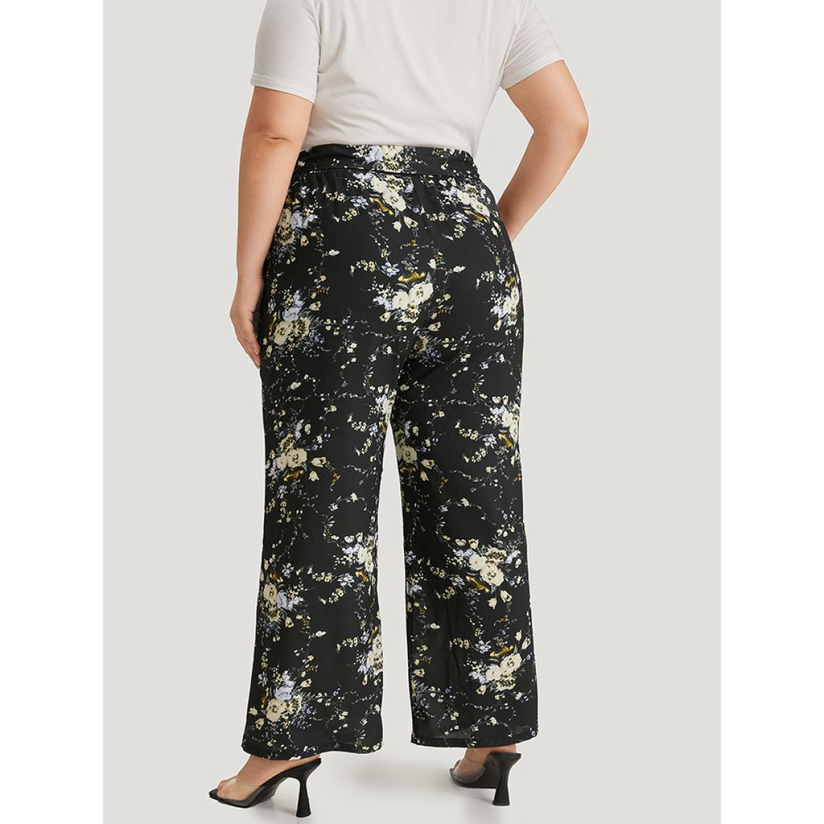 Plus Size Floral Print Pocket Belted Pants Women Multicolor Elegant High Rise Dailywear Pants BloomChic 10/M Product Image