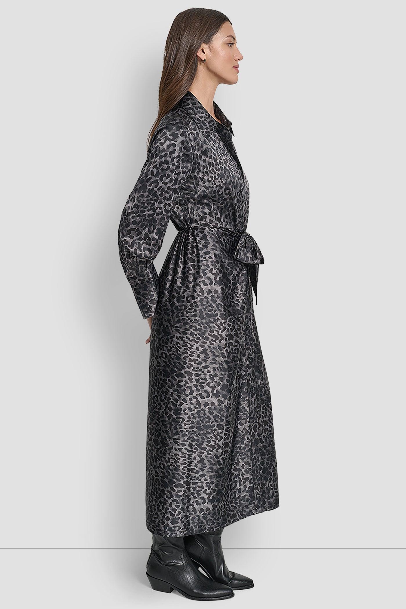 LONG SLEEVE BUTTON FRONT SHIRT DRESS WITH TIE WAIST Product Image