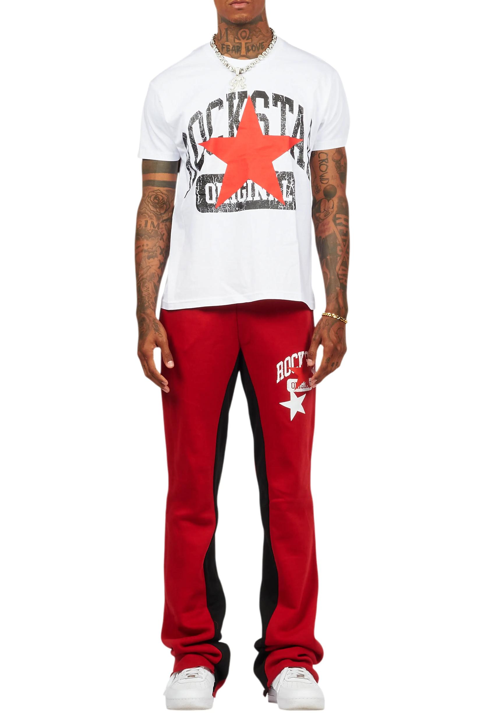 Mallor White/Burgundy T-Shirt/Stacked Baggy Track Pant Set Male Product Image