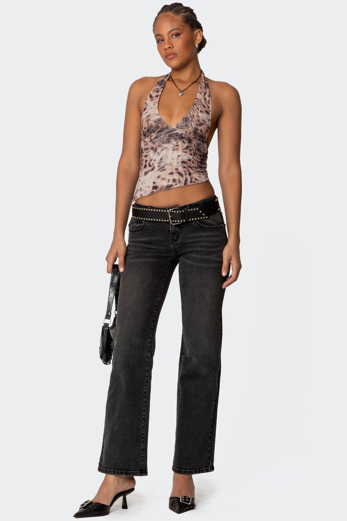 Leopard Mesh Asymmetric Halter Top Product Image