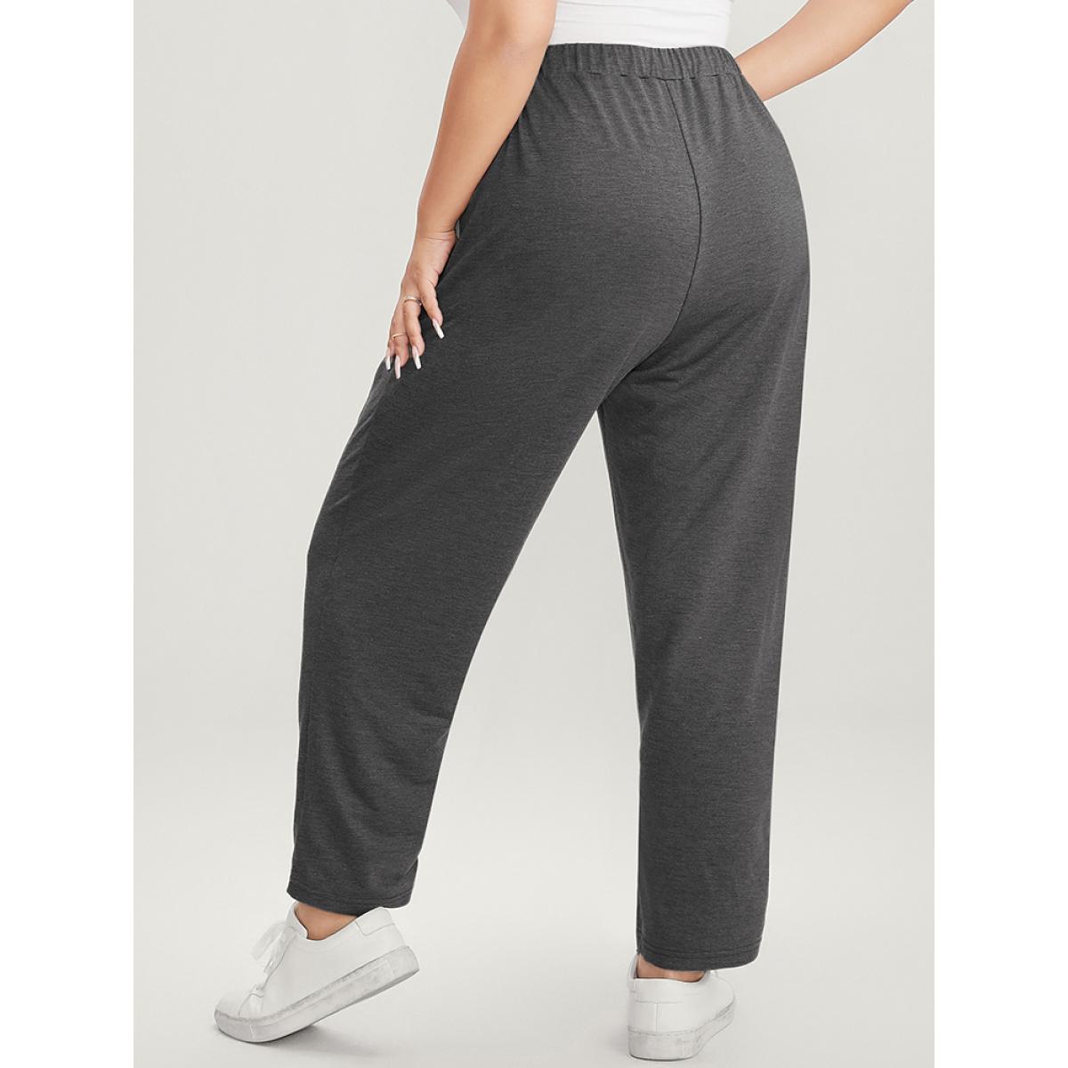 Plus Size Plain Pocket Elastic Waist Ties Front Pants Women Gray Casual Loose High Rise Dailywear Pants BloomChic 12/L Product Image
