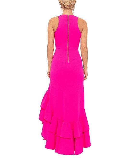 Betsy & Adam Stretch Deep V-Neck Sleeveless Tiered Ruffle Front Slit Gown Product Image