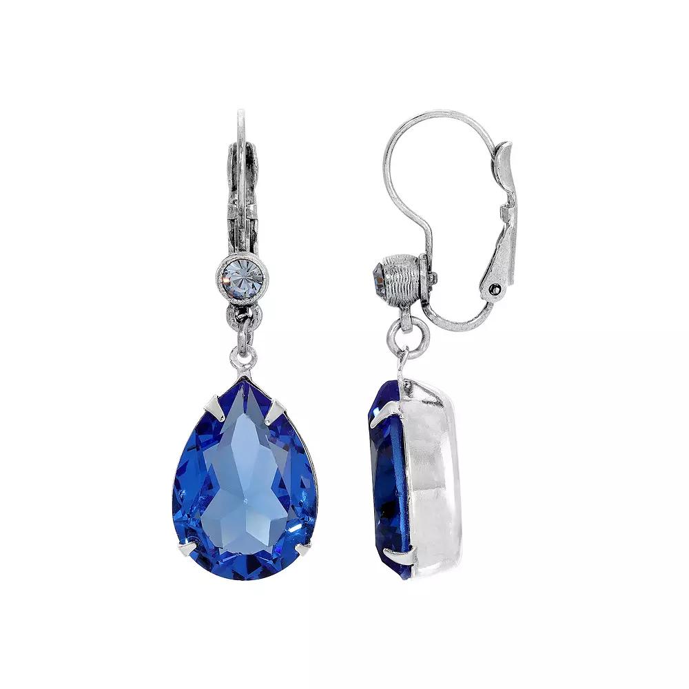 1928 Silver Tone Blue Glass Teardrop Leverback Earrings, Women's Product Image