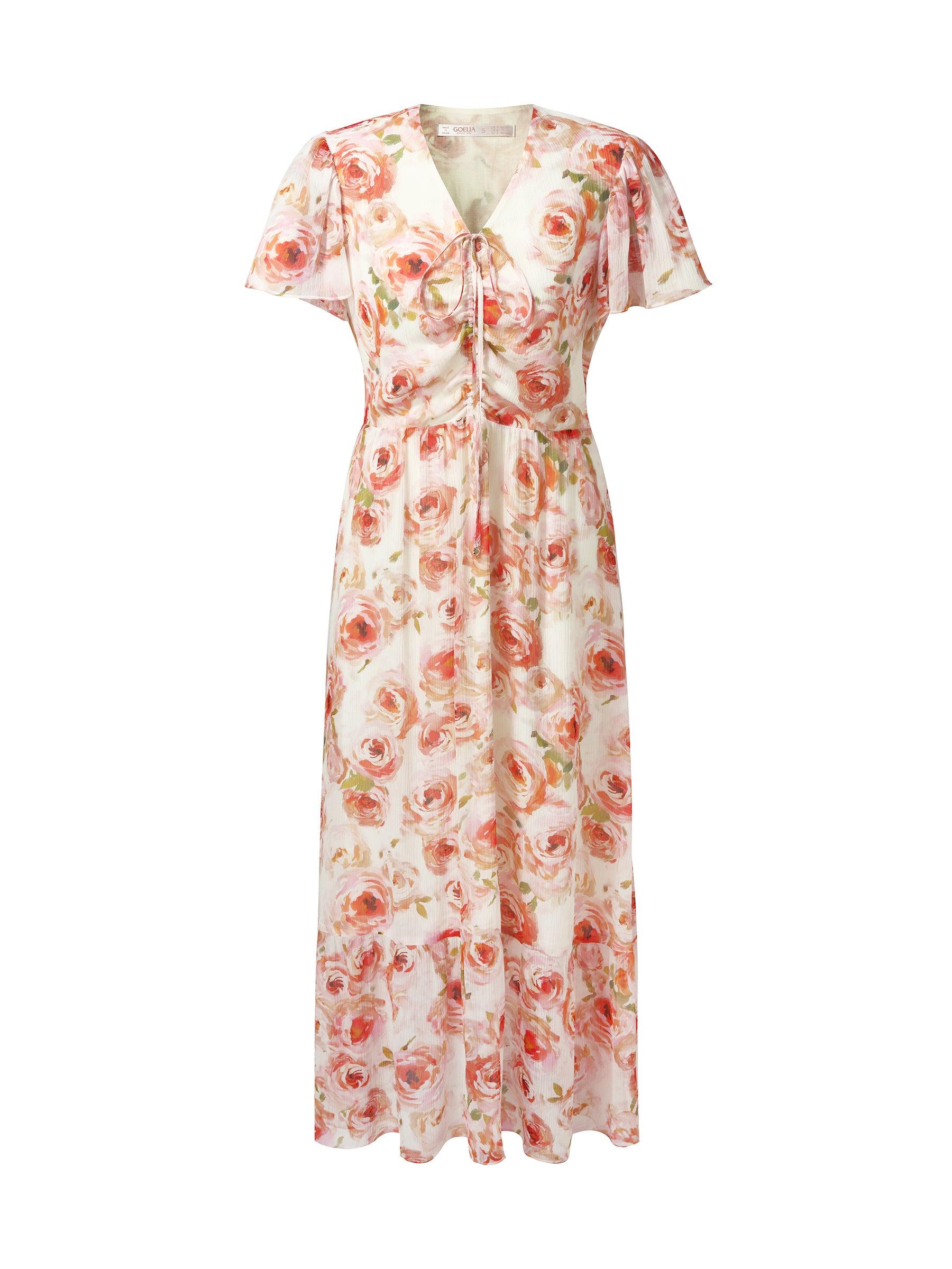 10MM Mulberry Silk Rose Print Smocked Drawstring Front Women Maxi Dres Product Image