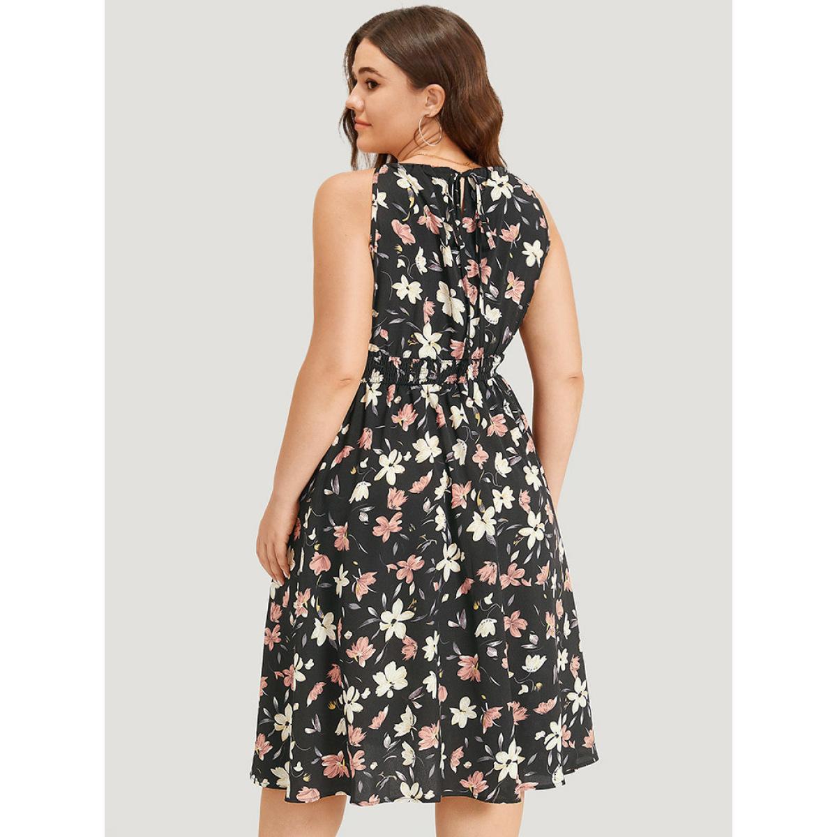 Plus Size Floral Print Halter Shirred Pocket Ruffle Hem Dress BlackFlower Women Elegant Knotted Cold Shoulder Sleeveless Curvy Knee Dress BloomChic 10/M Product Image