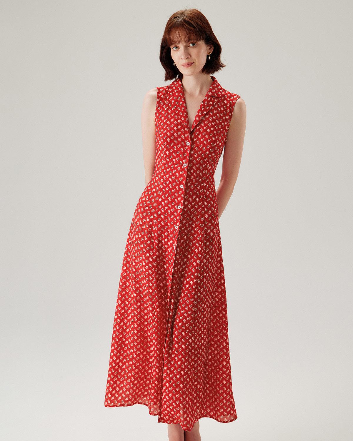 Red Floral Button Sleeveless Maxi Dress Product Image