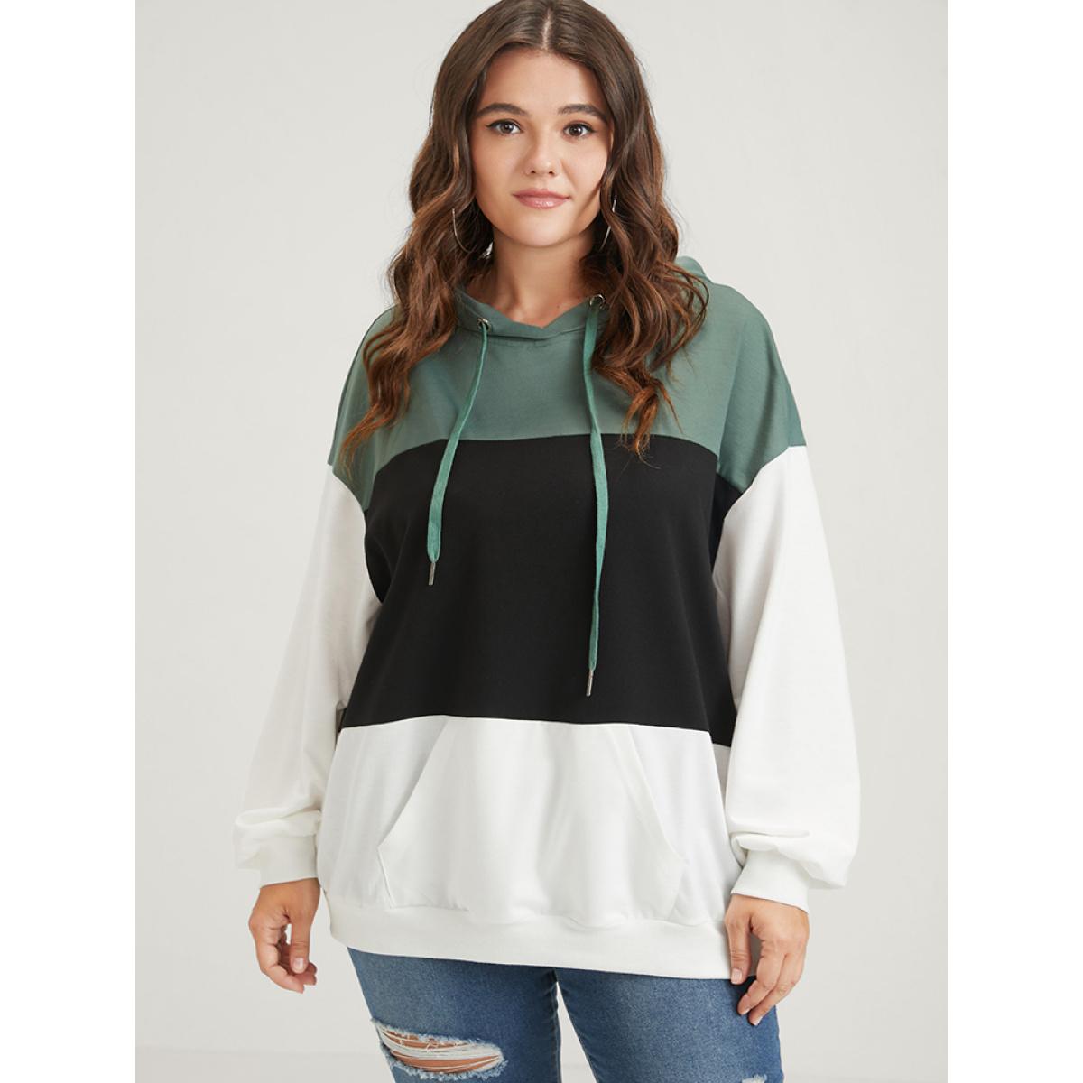 Plus Size Colorblock Contrast Drawstring Pocket Hooded Drop Shoulder Sweatshirt Women Multicolor Casual Contrast Hooded Dailywear Sweatshirts BloomChic 14-16/1X Product Image