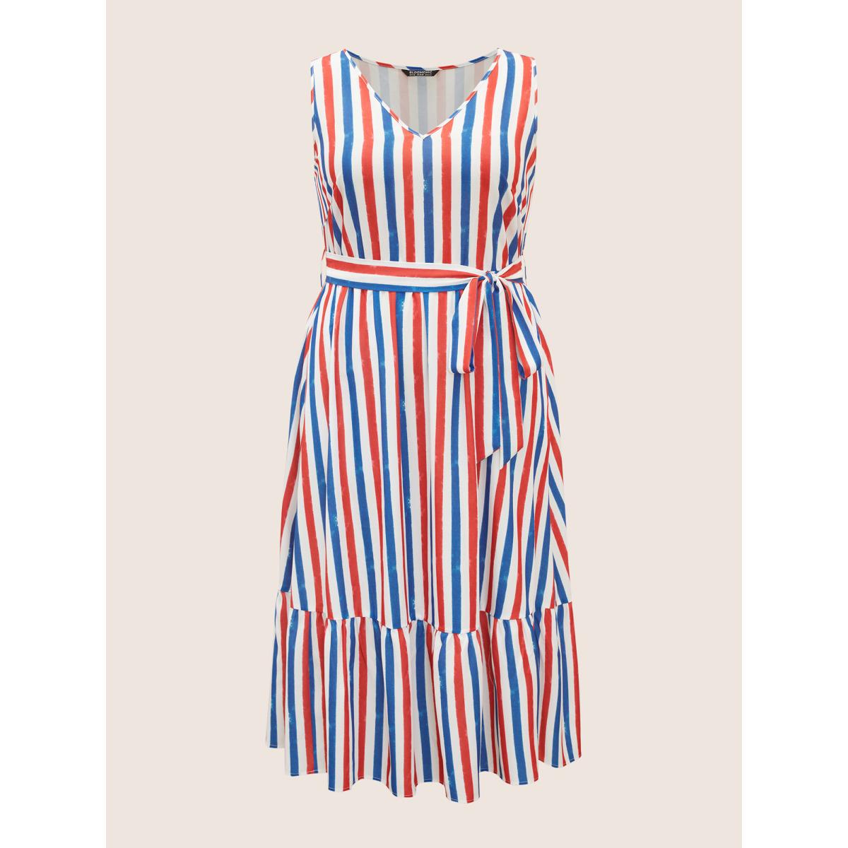 Plus Size V Neck Contrast Striped Tank Dress Multicolor Women Casual Tiered V-neck Sleeveless Curvy BloomChic 28/5X Product Image
