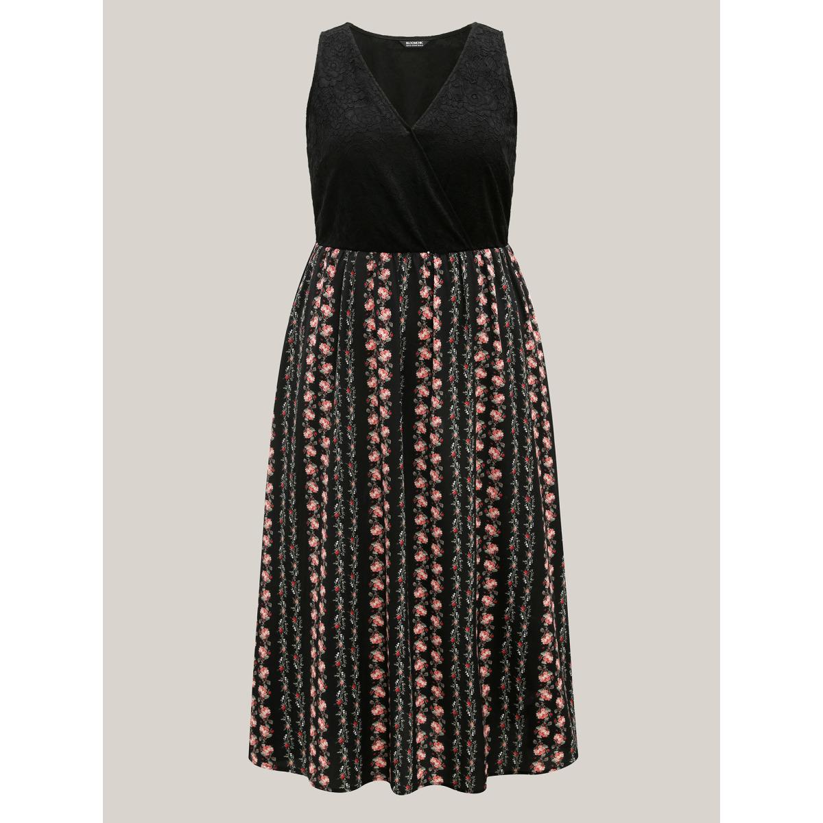 Plus Size Floral Stripes Lace Trim Maxi Dress Black Women Overlap Collar Sleeveless Curvy BloomChic 18-20/2X Product Image
