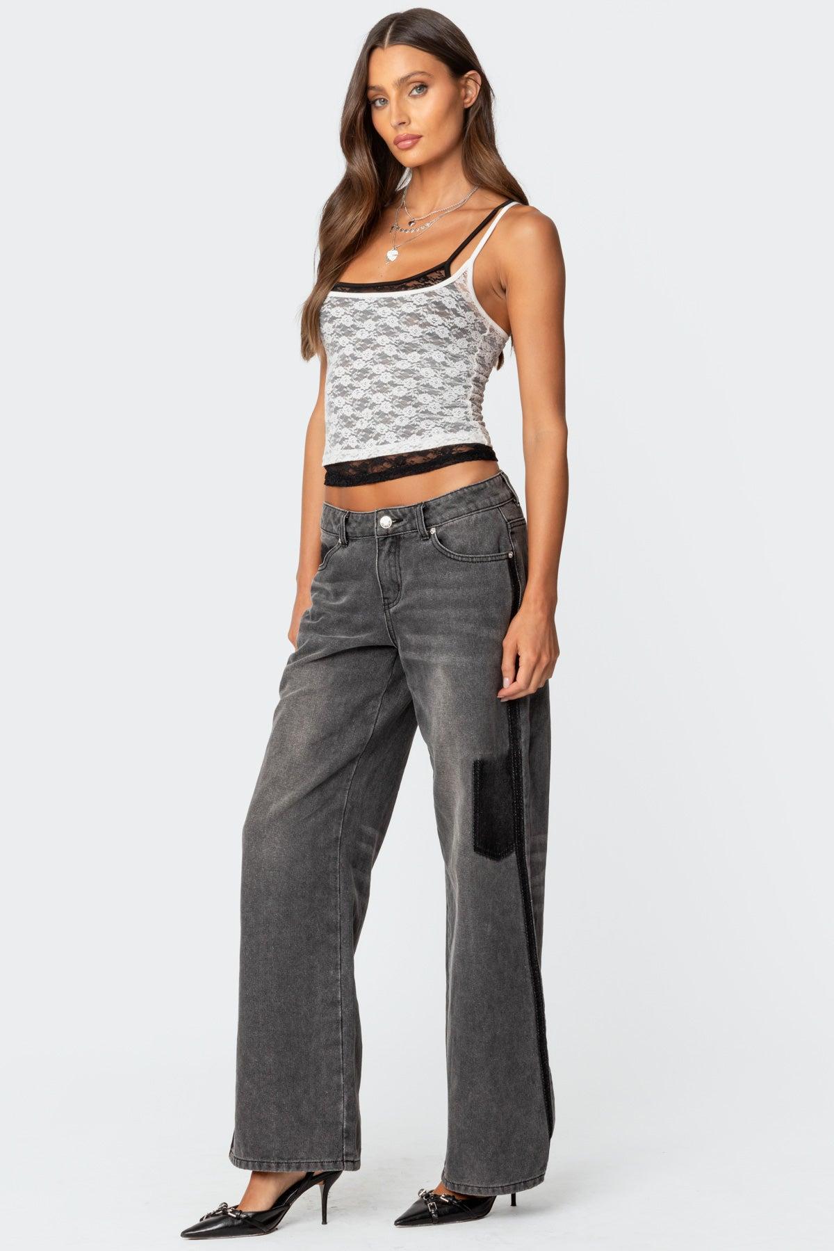 Contrast Pocket Washed Low Rise Baggy Jeans Product Image