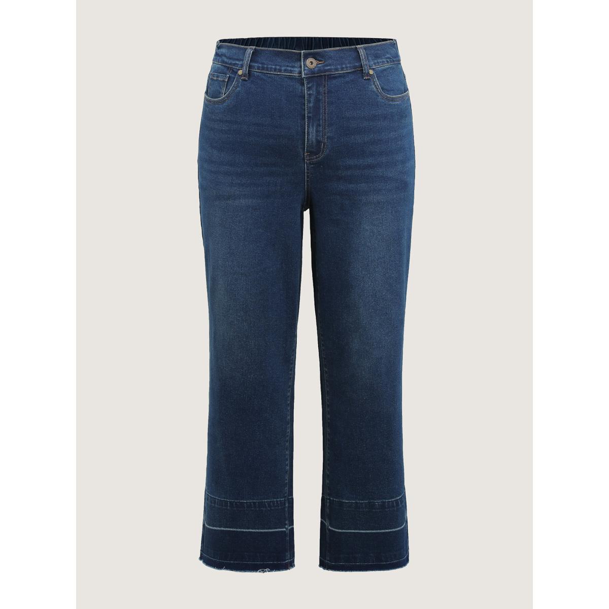 Plus Size Stretch Frayed Hem Straight-Leg Jeans Women Bluevintage Leisure High stretch Slanted pocket Jeans BloomChic 24/3X Product Image