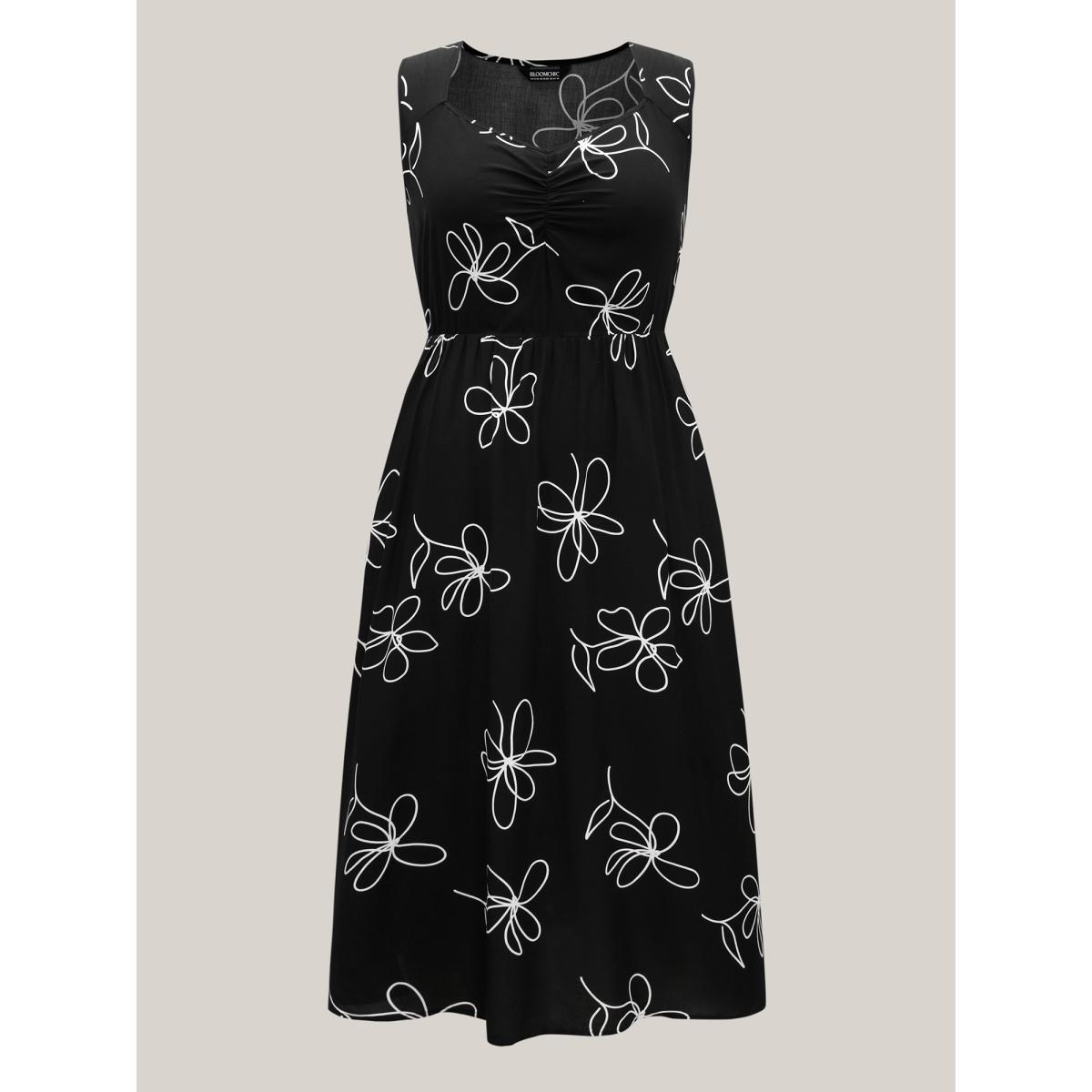 Plus Size Rayon Floral Stretchy Waist Midi Dress BlackFlower Women Timeless Heart neckline Sleeveless Curvy BloomChic 26/4X Product Image