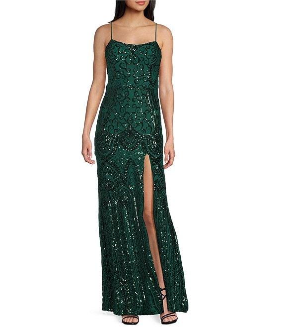 Blondie Nites Patterned Sequin Scoop Neck Sleeveless Tie Back Long Gown Product Image