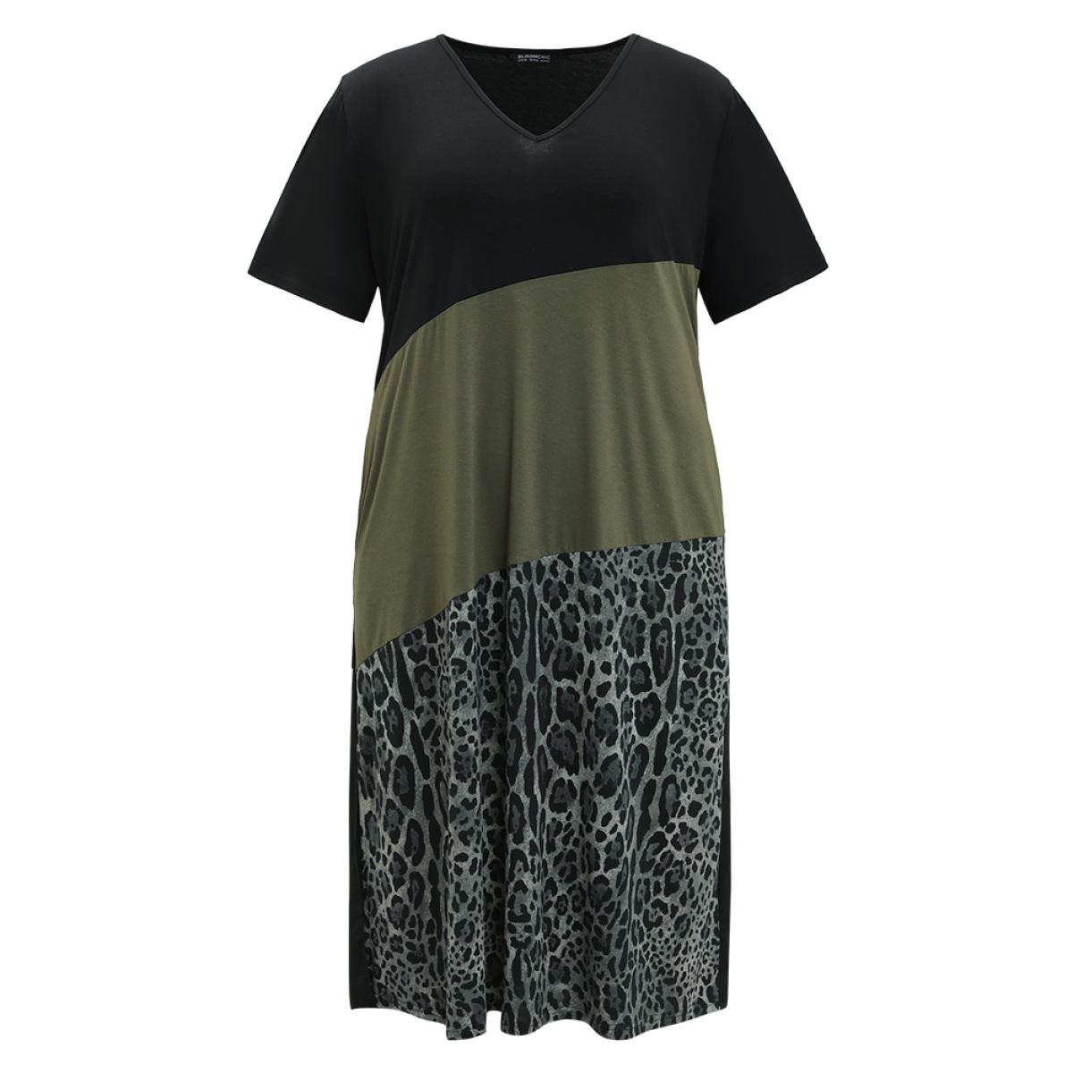 Plus Size Supersoft Essentials Leopard Patchwork Contrast Pocket Split Hem Dress Black Women Casual Patchwork V-neck Short sleeve Curvy Midi Dress BloomChic 28/5X Product Image