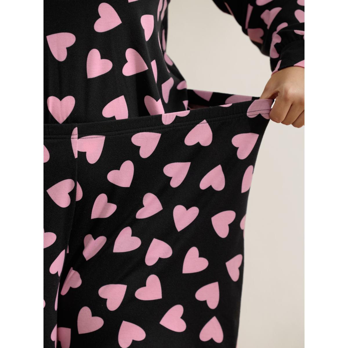 Plus Size Sweet Hearts Stretchy Waist Knit Loungewear Set Women Black Long Sleeve Round Neck Leisure Loungewear Sets BloomChic 22-24/3X Product Image