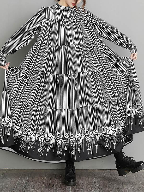 Vintage Loose Striped Buttoned Stand Collar Long Sleeves Midi Dress Product Image