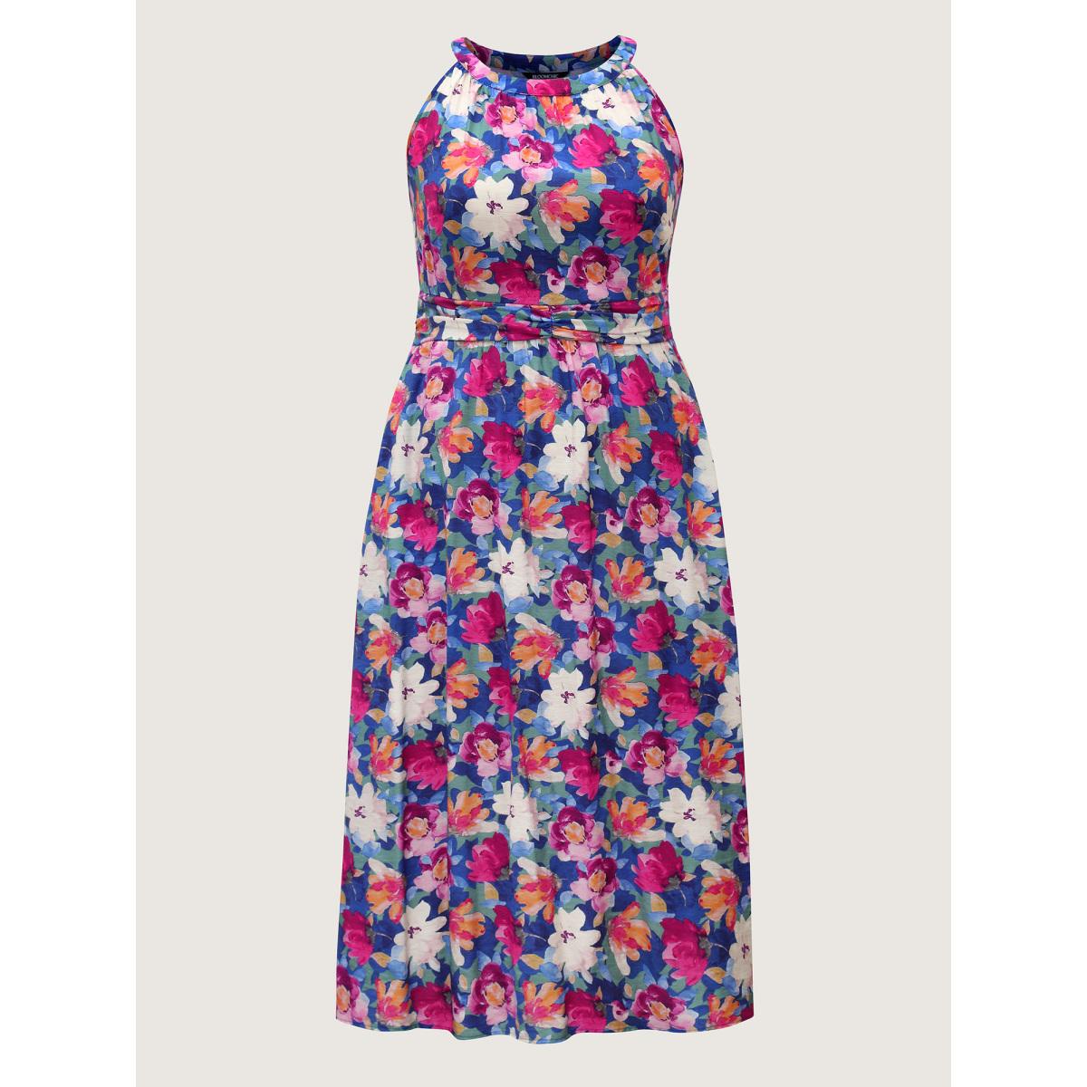 Plus Size Color Block Floral Shirred Waist Midi Dress Multicolor Women Round Neck Sleeveless Curvy BloomChic 10/M Product Image