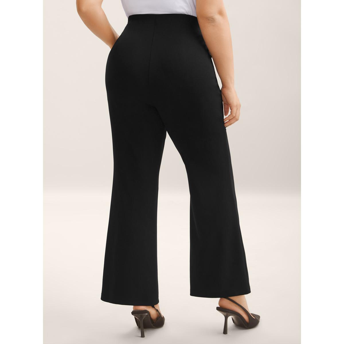 Plus Size Button Detail Anti-Seam Flared Pants Women Black At the Office Bootcut Mid Rise Work Pants BloomChic 12/L Product Image