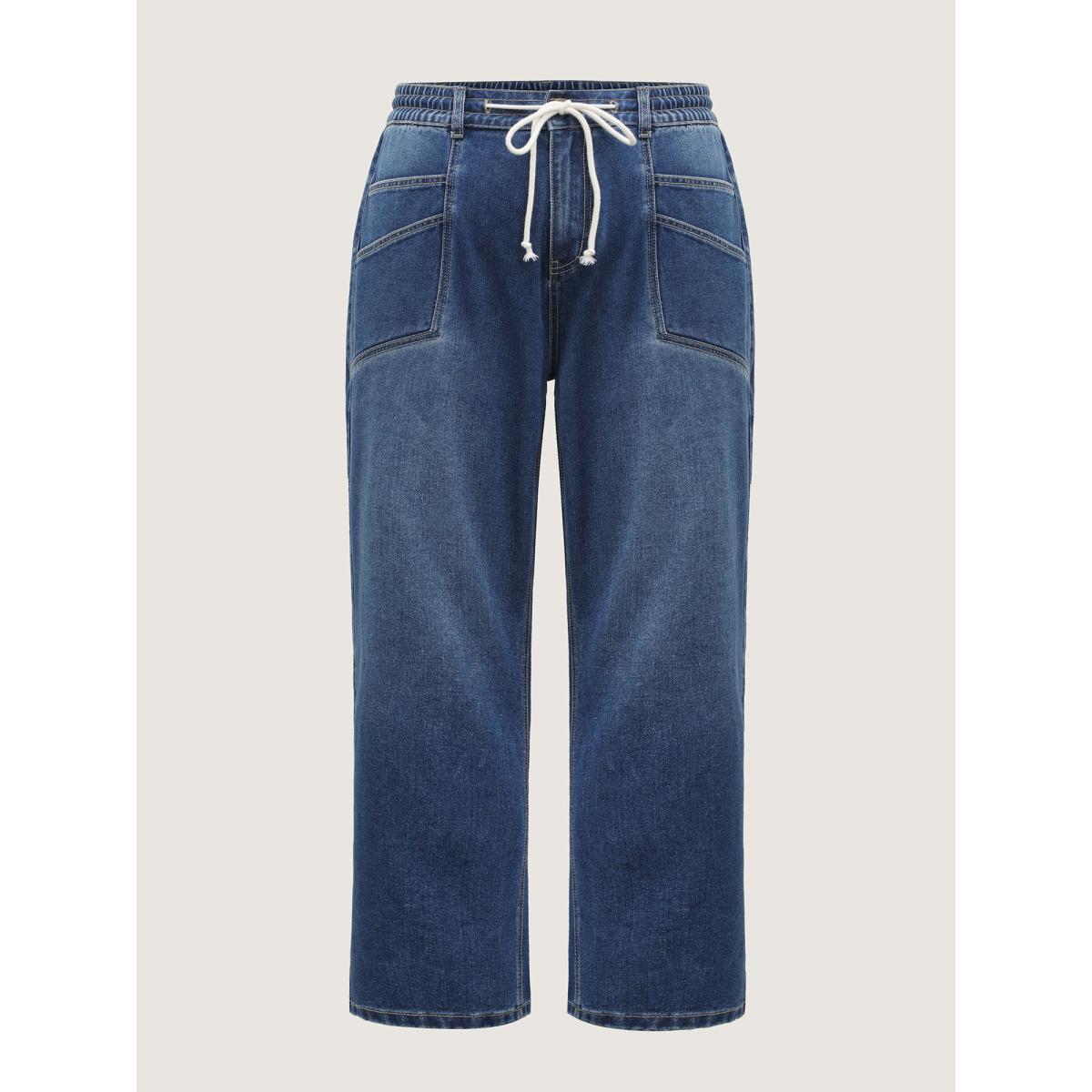 Plus Size Layered Pockets Elastic Waistband Straight-Leg Jeans Women Darkindigo Leisure Elastic Waist Medium stretch Slanted pocket Jeans BloomChic 14/1X Product Image