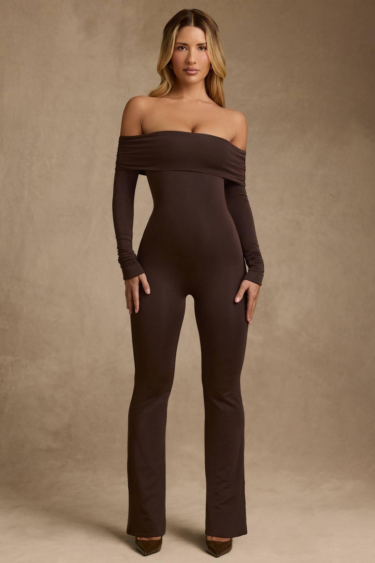 Modal Off-Shoulder Jumpsuit in Chocolate Brown Product Image