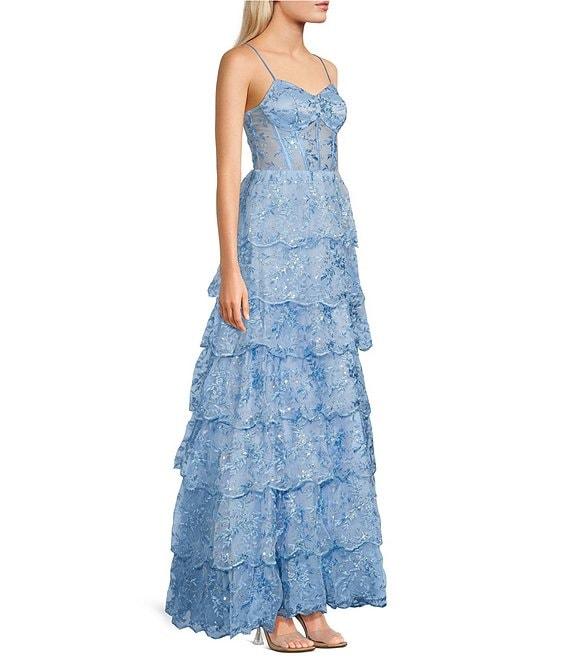 Next Up Spaghetti Strap Sequin Embroidered 7-Scallop Edge Ruffle Dress Product Image