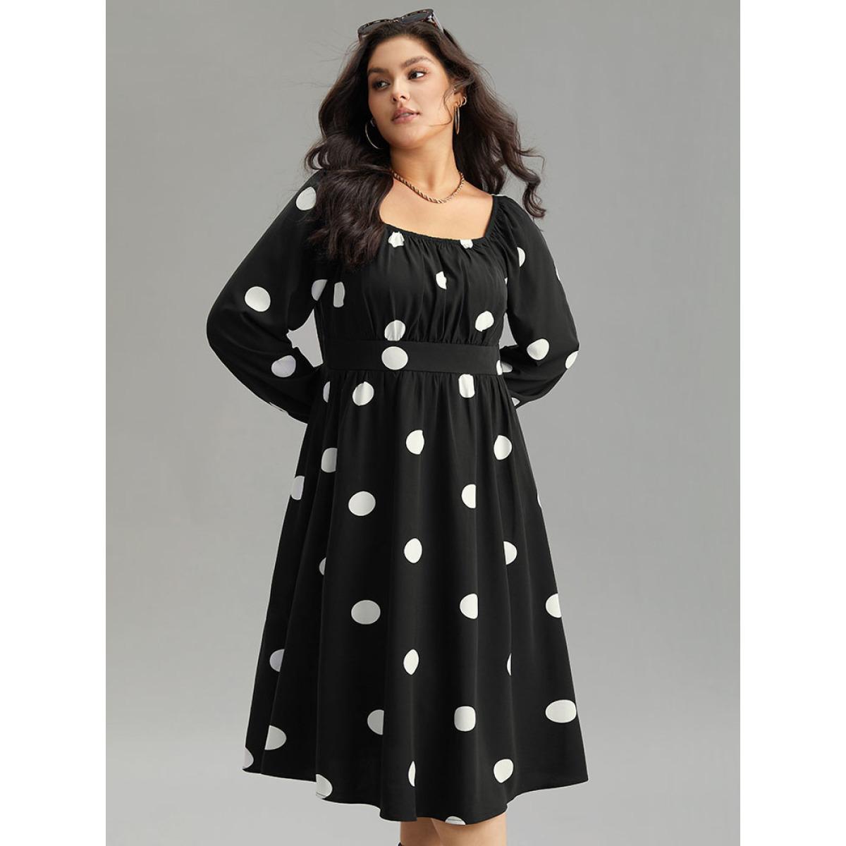 Plus Size Polka Dot Square Neck Gathered Elastic Cuffs Dress Black Women Elegant Elastic cuffs Square Neck Long Sleeve Curvy Midi Dress BloomChic 14-16/1X Product Image