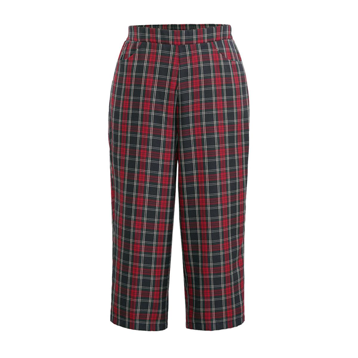 Plus Size Plaid Elastic Waist Pocket Straight Leg Pants Women Multicolor Elegant Straight Leg High Rise Festival-Christmas Pants BloomChic 14-16/1X Product Image