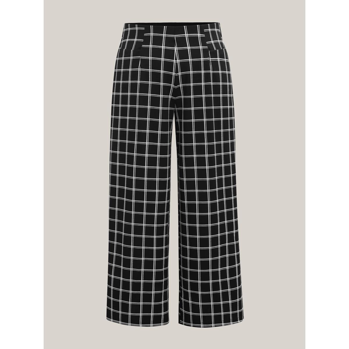 Plus Size Plaid Pattern Stretchy Waist Wide-Leg Pants Women Black At the Office Wide Leg Mid Rise Work Pants BloomChic 22-24/3X Product Image