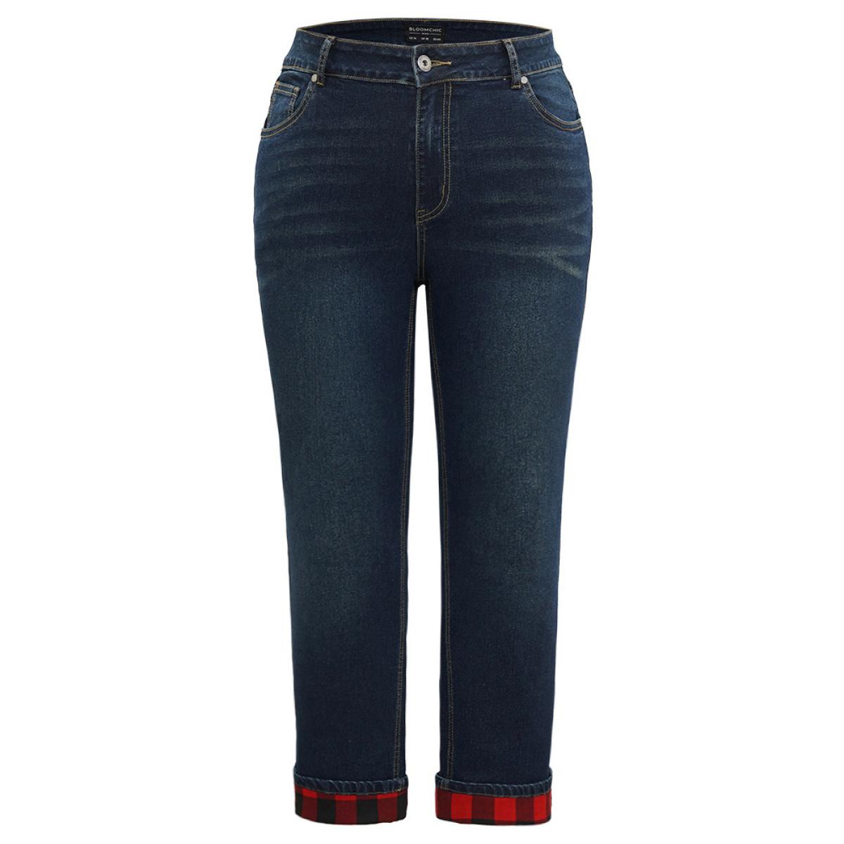 Plus Size Plaid Roll Hem Straight Leg Jeans Women Midnight Casual Plaid Roll Hem High stretch Pocket Jeans BloomChic 24/3X Product Image