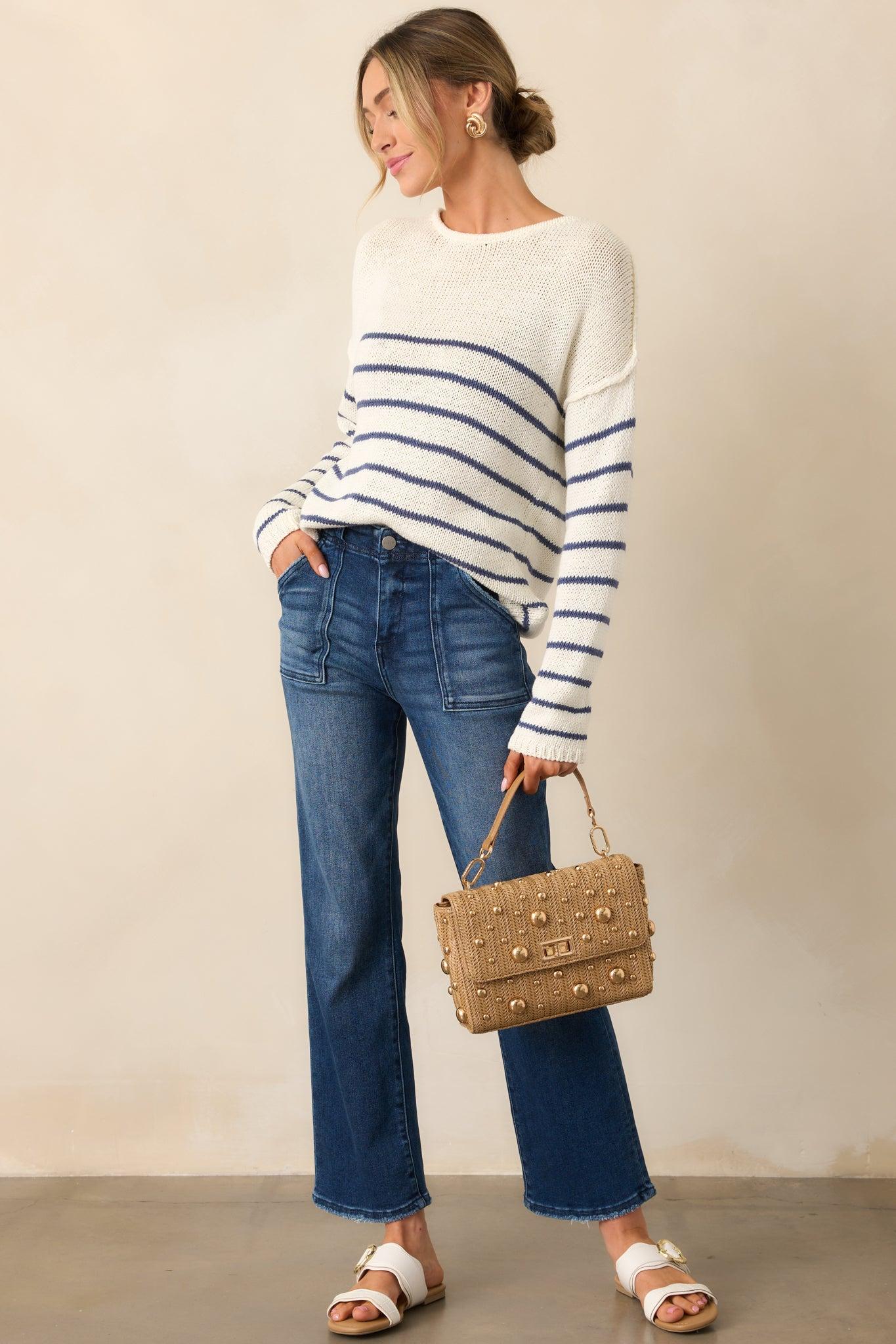 Sailboat At Sunset Ivory Lightweight Knit Stripe Sweater Product Image