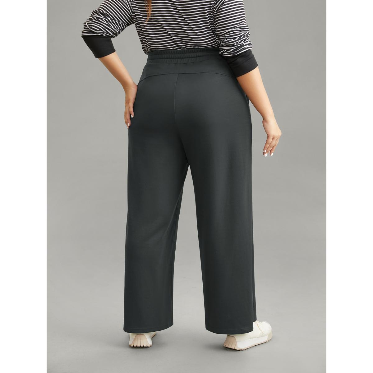 Plus Size Plain Wideband Waist Drawstring Pants Women DimGray Casual Straight Leg Mid Rise Dailywear Pants BloomChic 14-16/1X Product Image