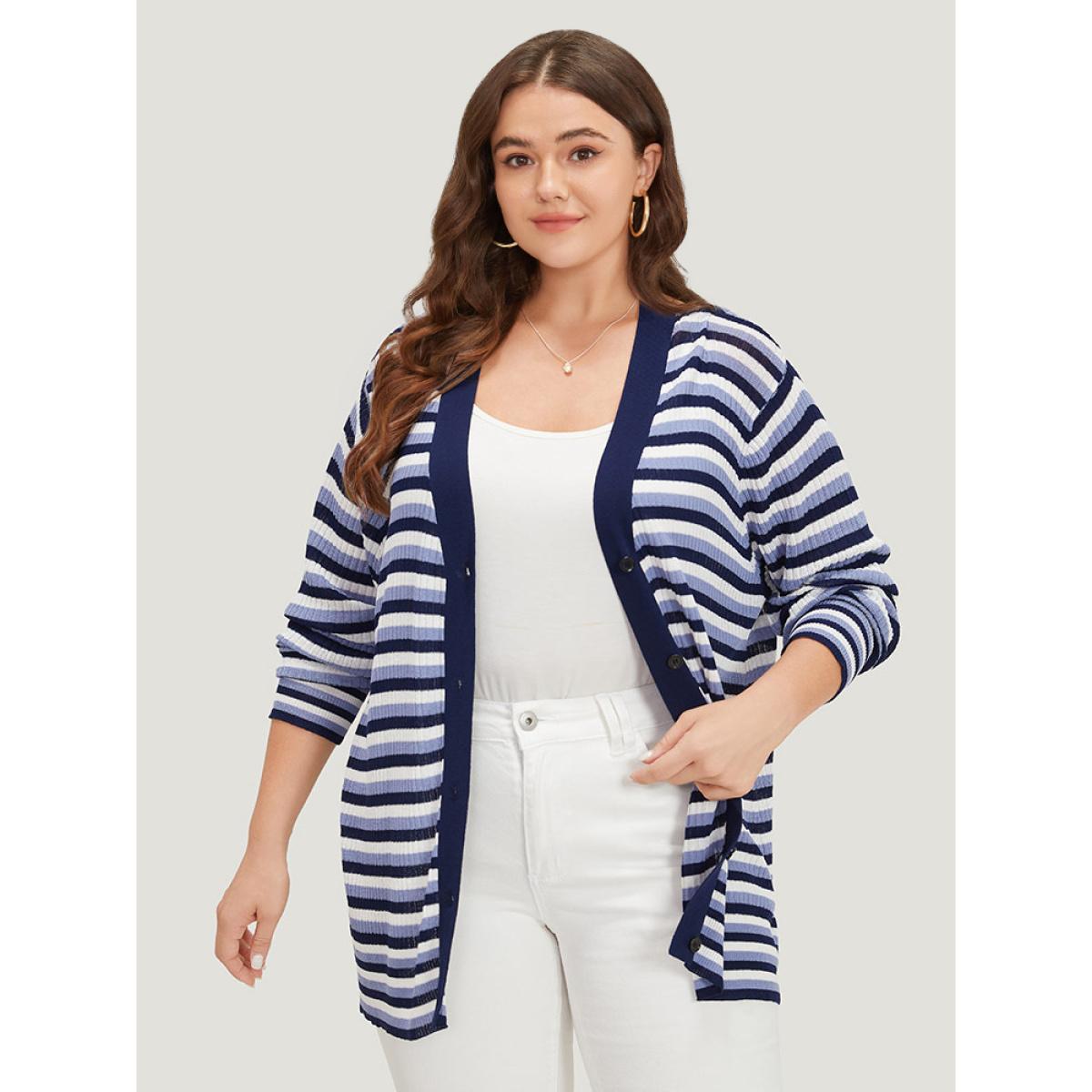 Plus Size Contrast Striped Rib Knit Button Through Cardigan Indigo Women Casual Loose Long Sleeve Dailywear Cardigans BloomChic 28/5X Product Image