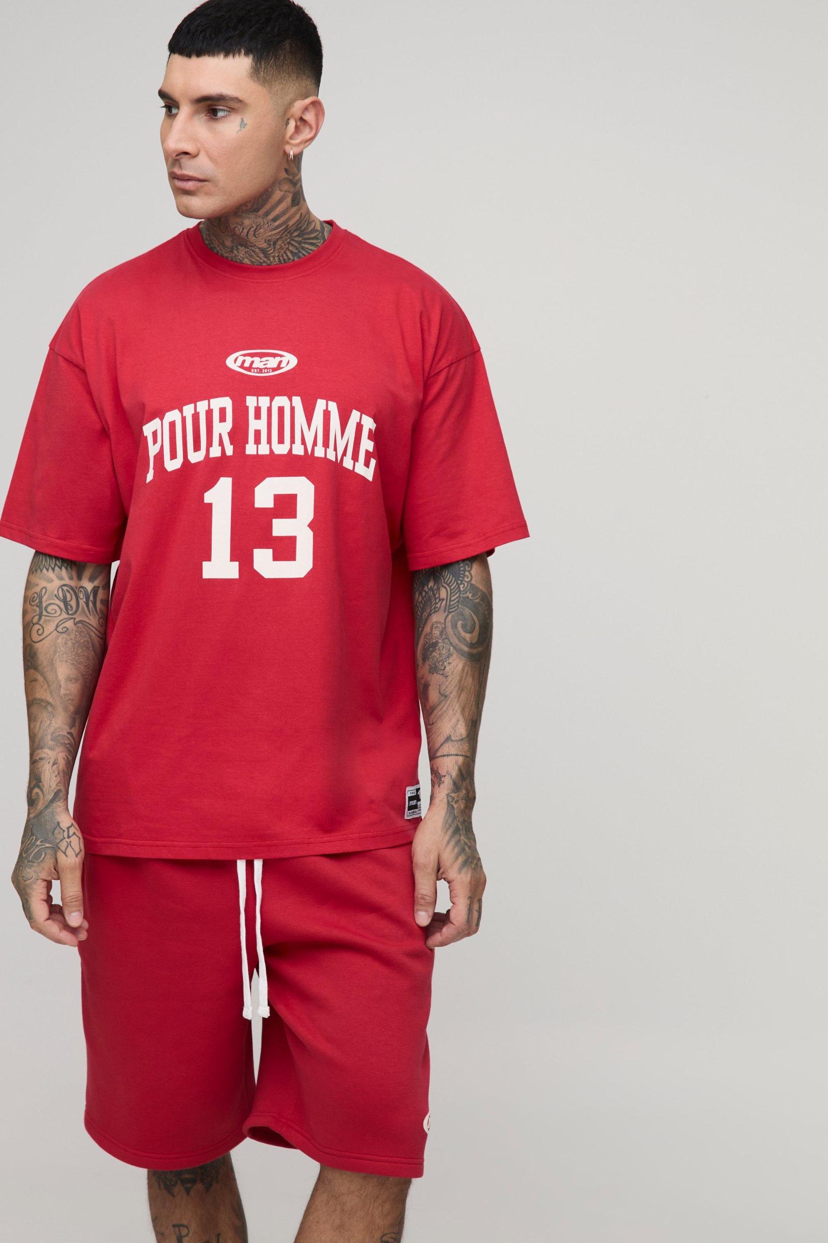 Tall Oversized Pour Homme Print T-Shirt & Short Set | boohooMAN USA Product Image