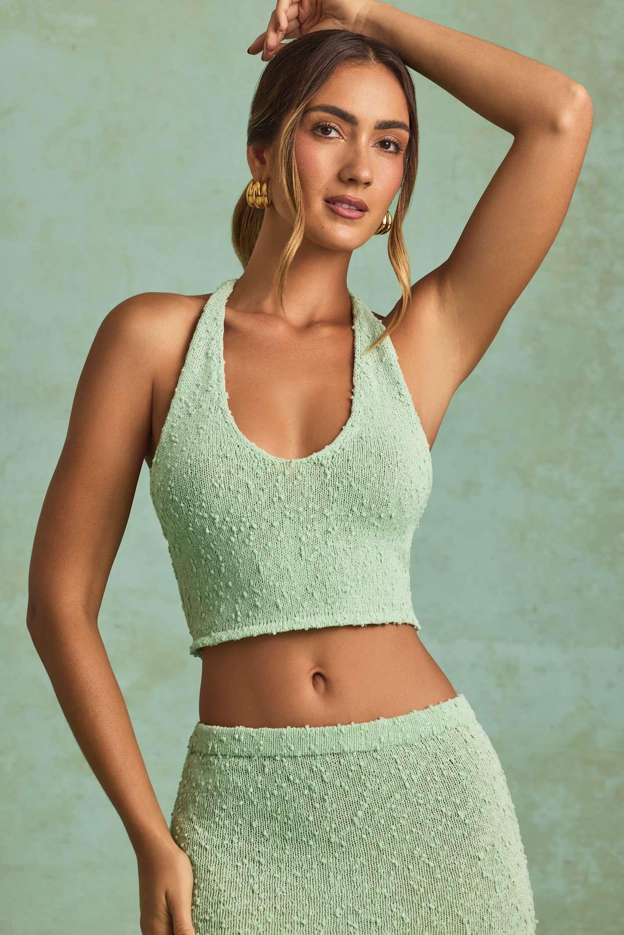 Bouclé Halterneck Crop Top in Mint Product Image
