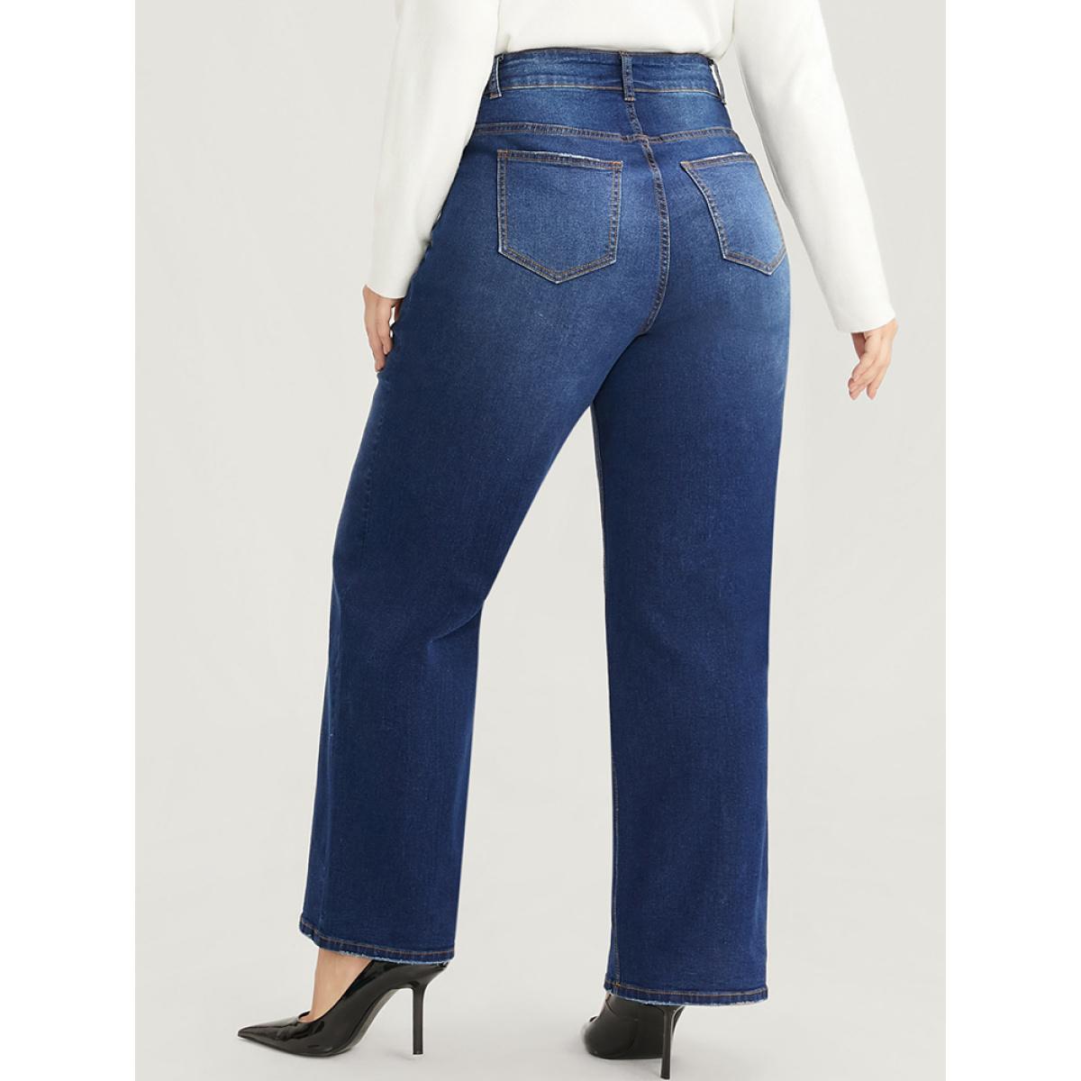 Plus Size Straight Slightly Stretchy High Rise Dark Wash Pocket Full Jeans Women DarkBlue Casual Plain Button Low stretch Pocket Jeans BloomChic 22/3X Product Image