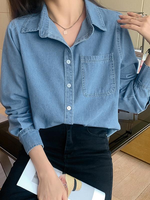 Versatile Pocket Denim Blouses&Shirts Product Image