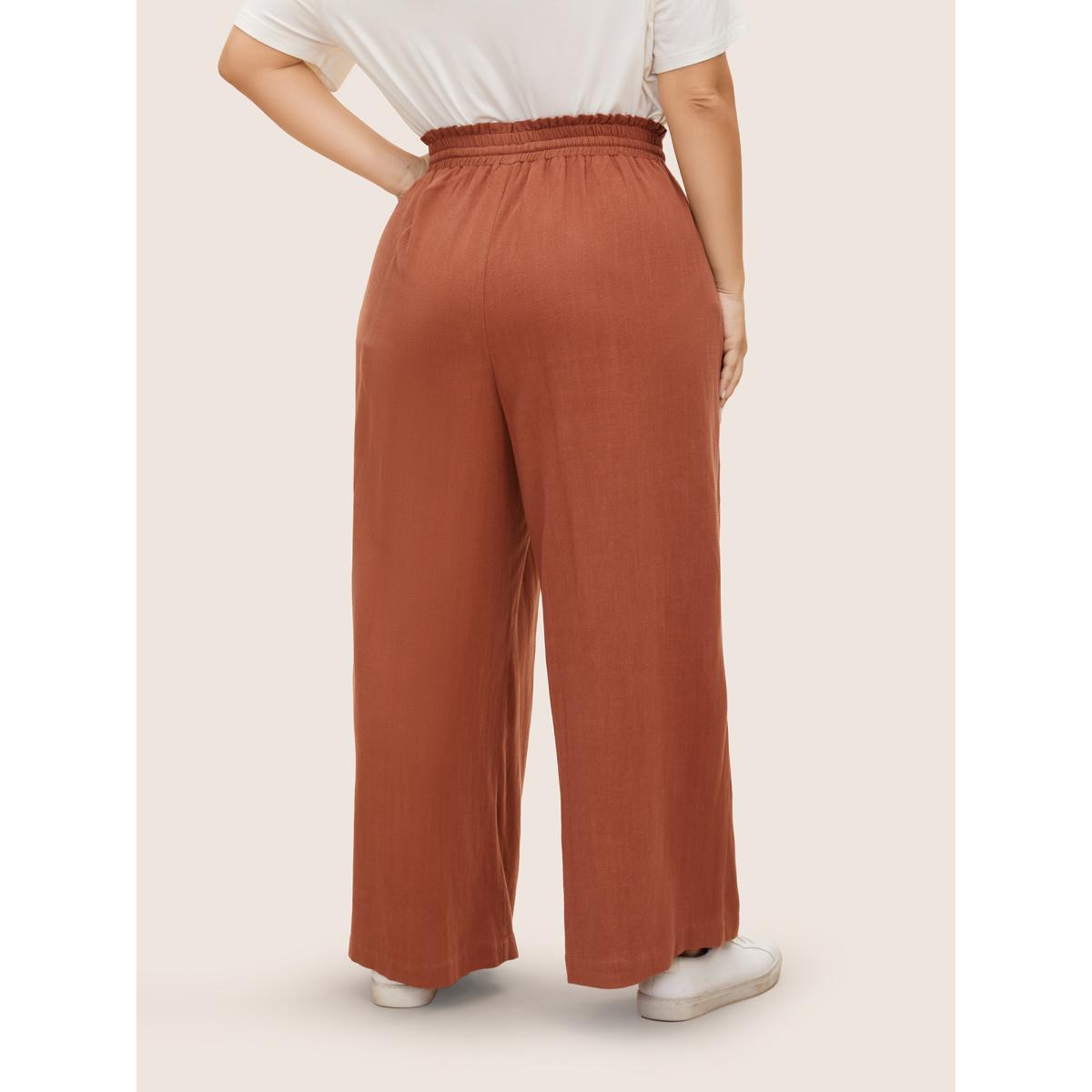 Plus Size Cotton Linen Paperbag Waist Wide Leg Pants Women Browncoffeecolor Casual Wide Leg Mid Rise Everyday Pants BloomChic 14-16/1X Product Image